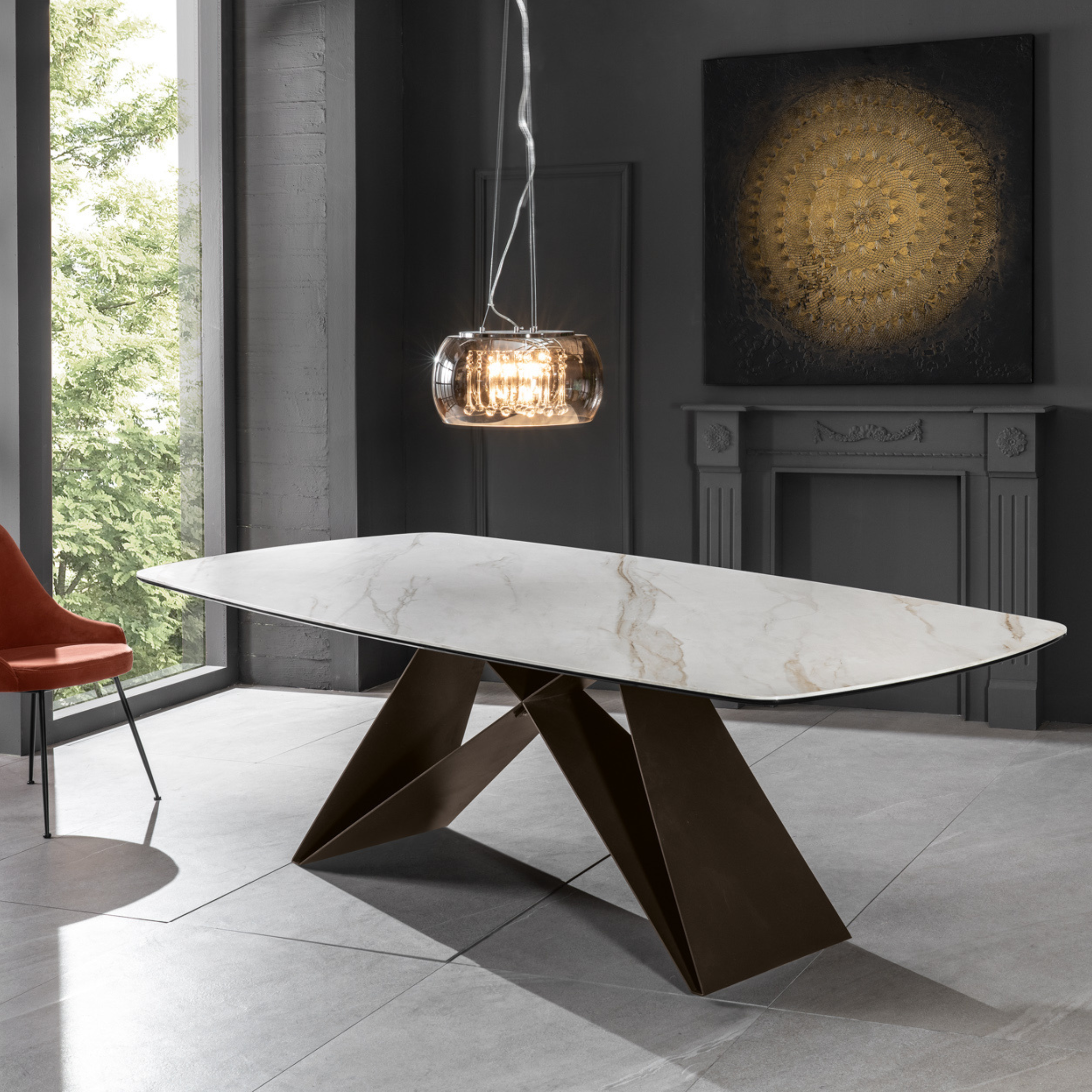 Tavolo moderno fisso "Loyra"in ceramica su vetro temperato effetto marmo cm 220x110 76h