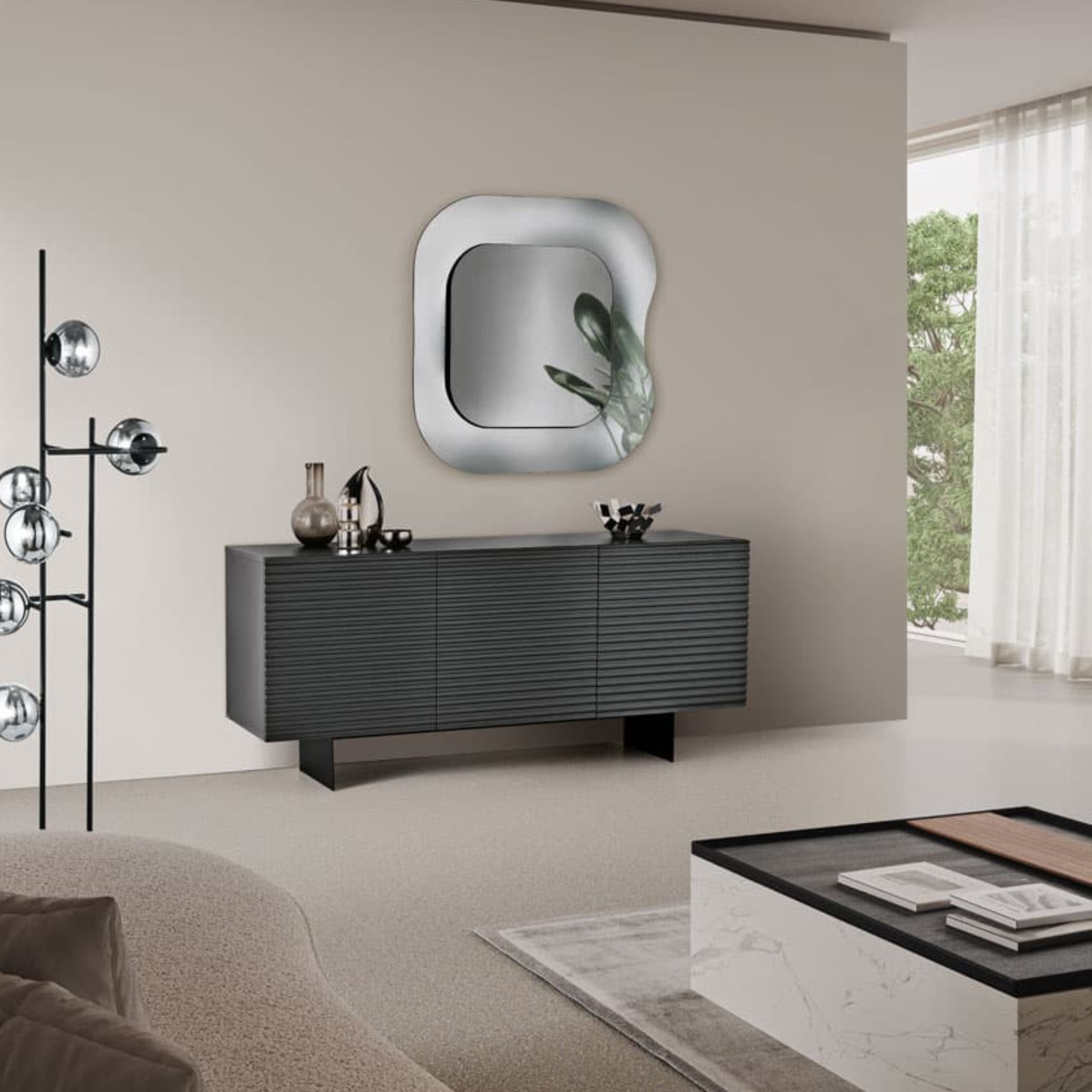 Madia moderna 3 ante già assemblata "Nadia1" in legno laccato con due piedi in metallo verniciati cm 180x50 80h