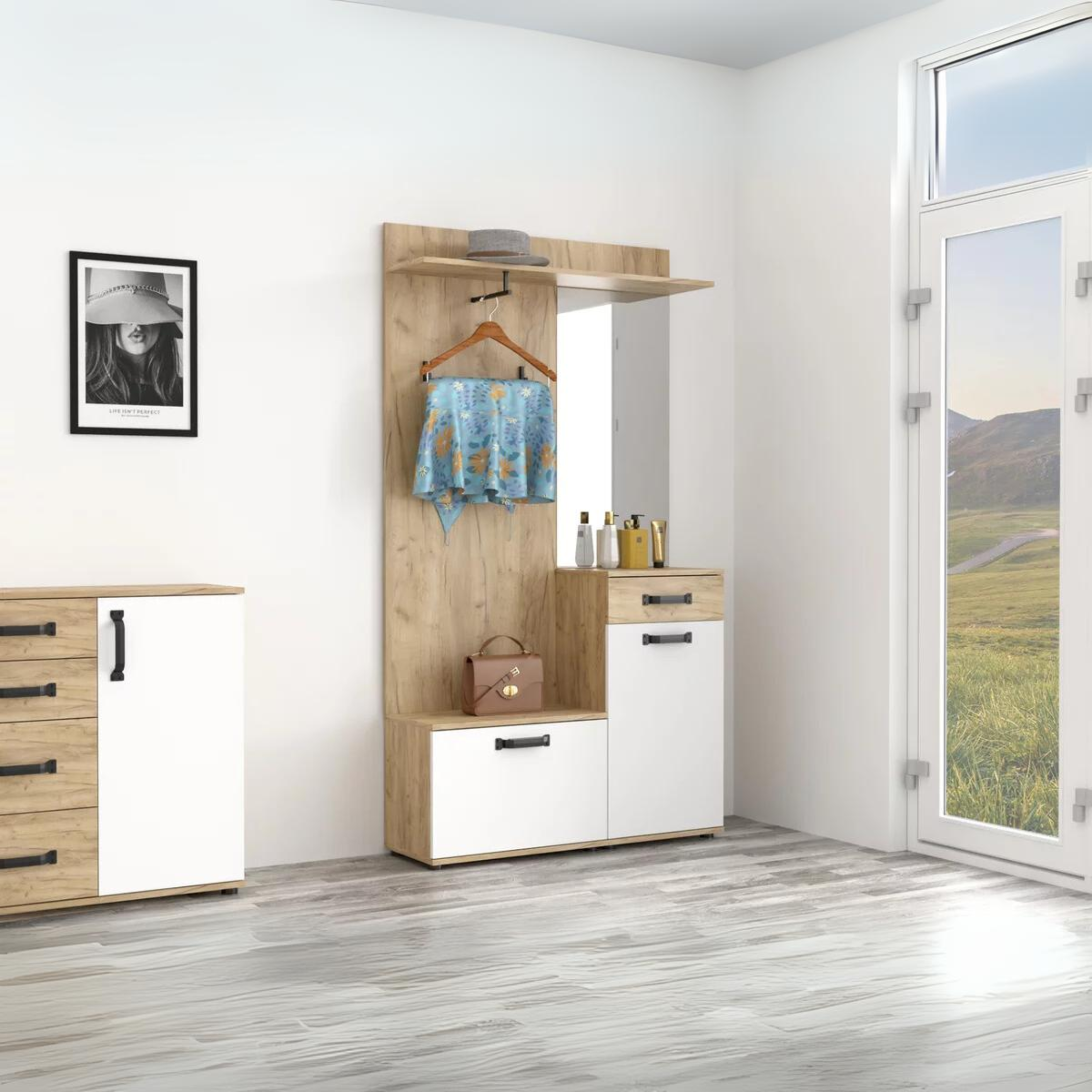 Set di mobili da soggiorno "Quadro" in legno rovere e bianco moderno