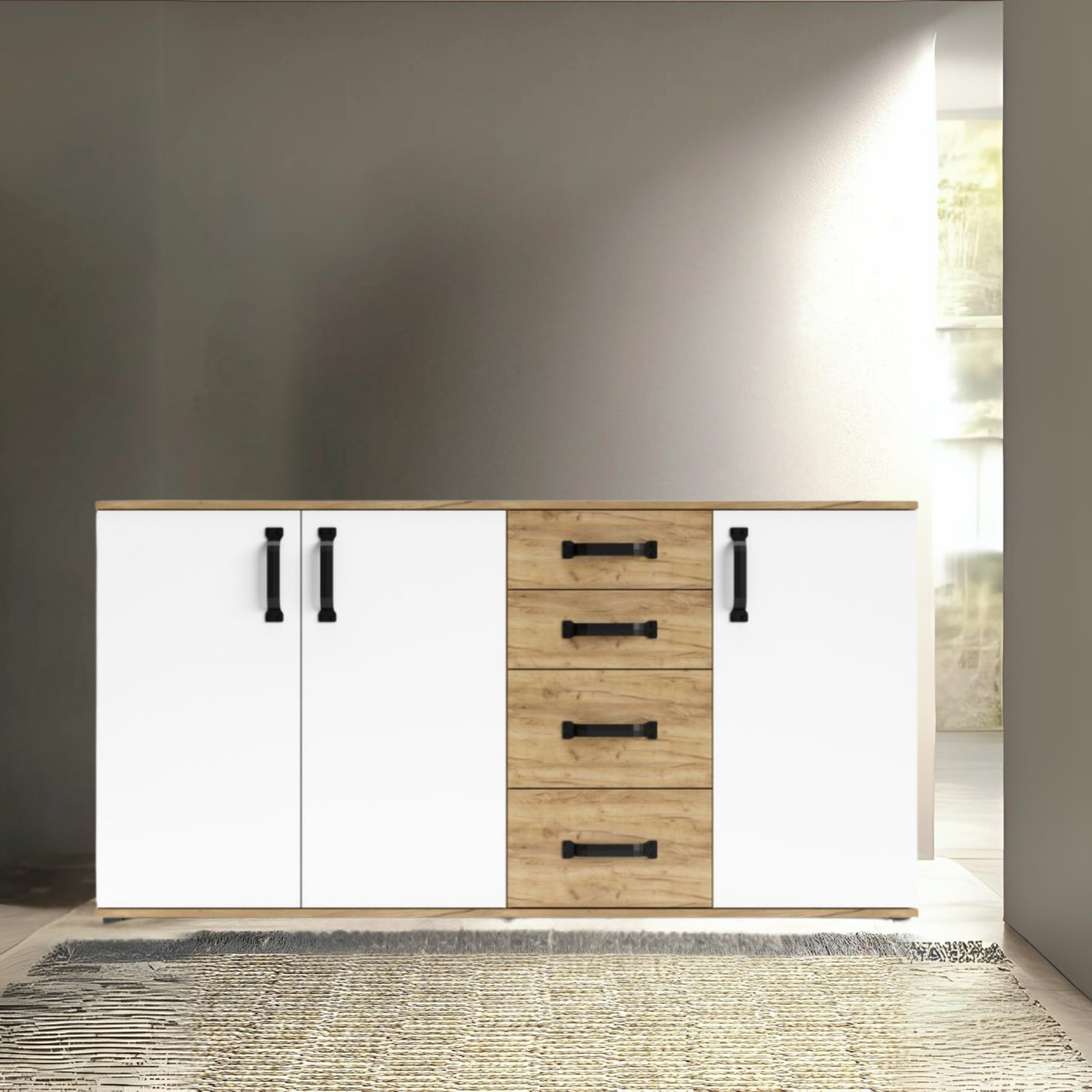 Set di mobili da soggiorno "Quadro" in legno rovere e bianco moderno