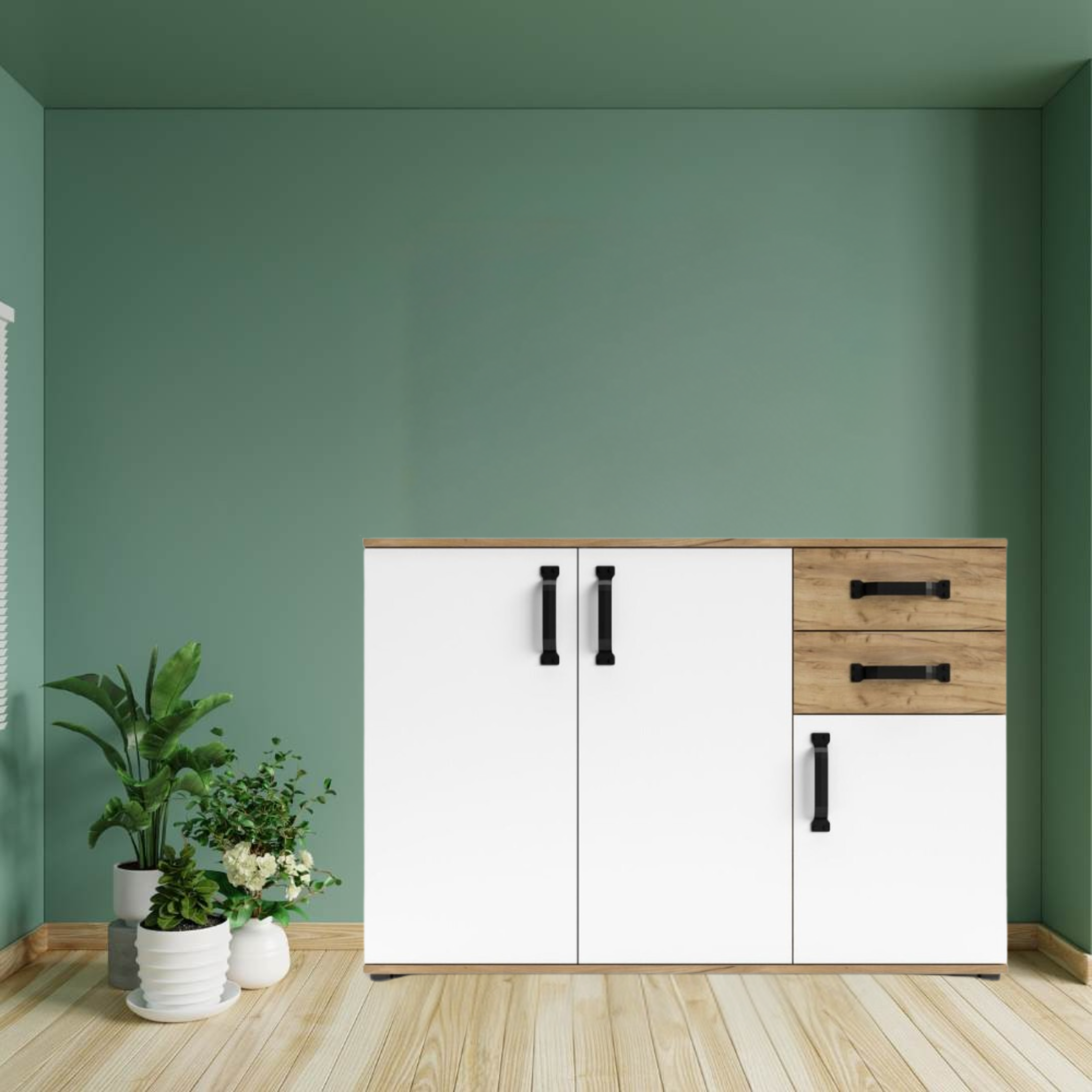 Set di mobili da soggiorno "Quadro" in legno rovere e bianco moderno