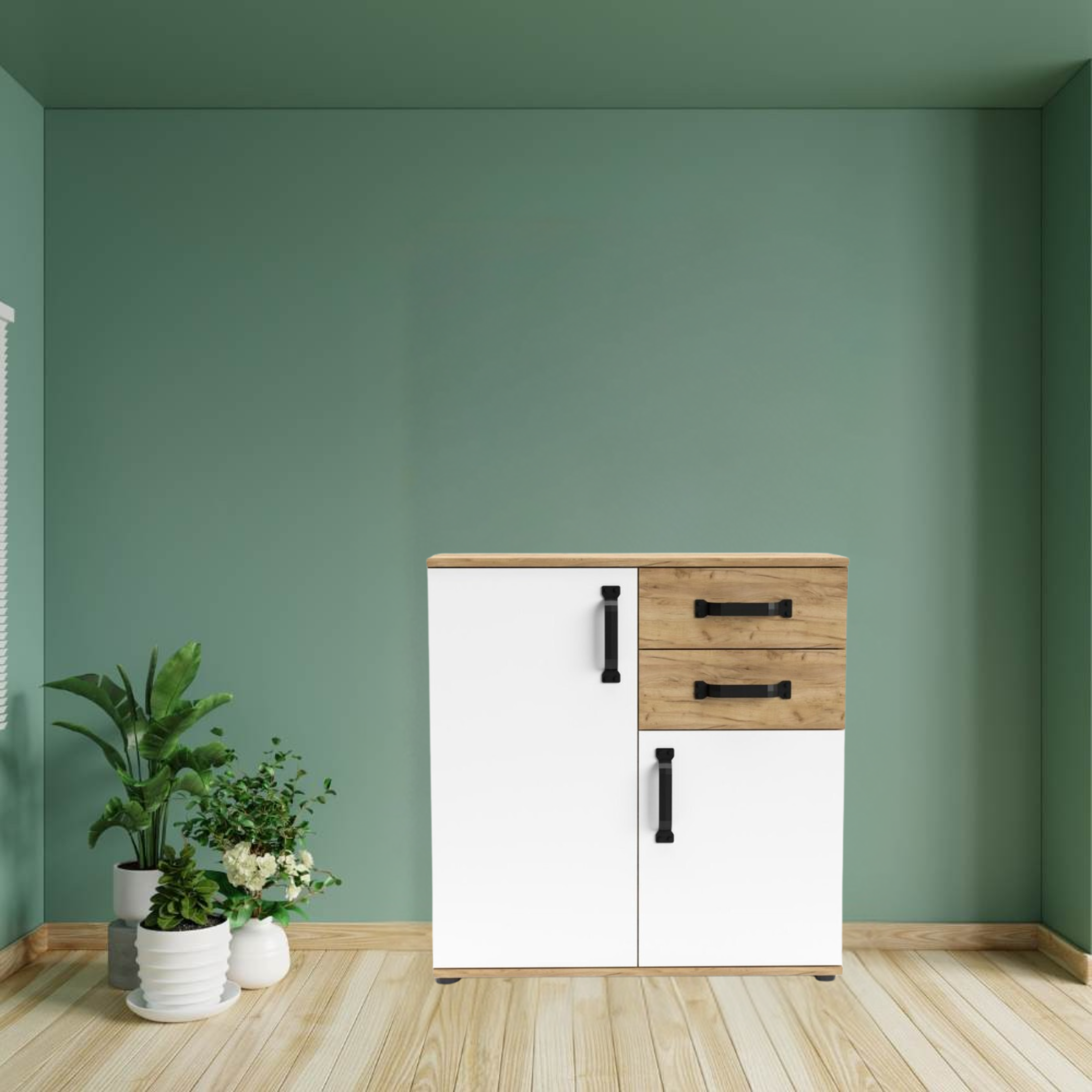 Set di mobili da soggiorno "Quadro" in legno rovere e bianco moderno