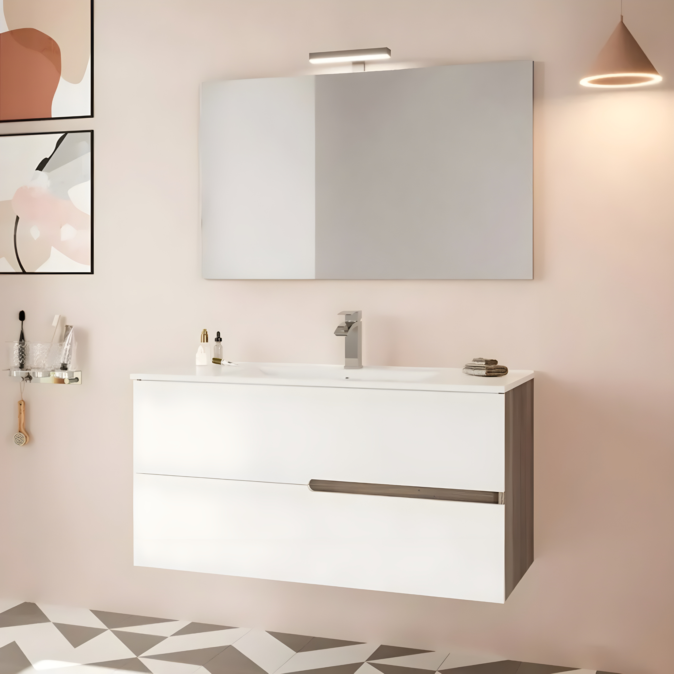 Mobile bagno sospeso moderno "Sara" in legno con 2 cassetti lavabo e specchio LED