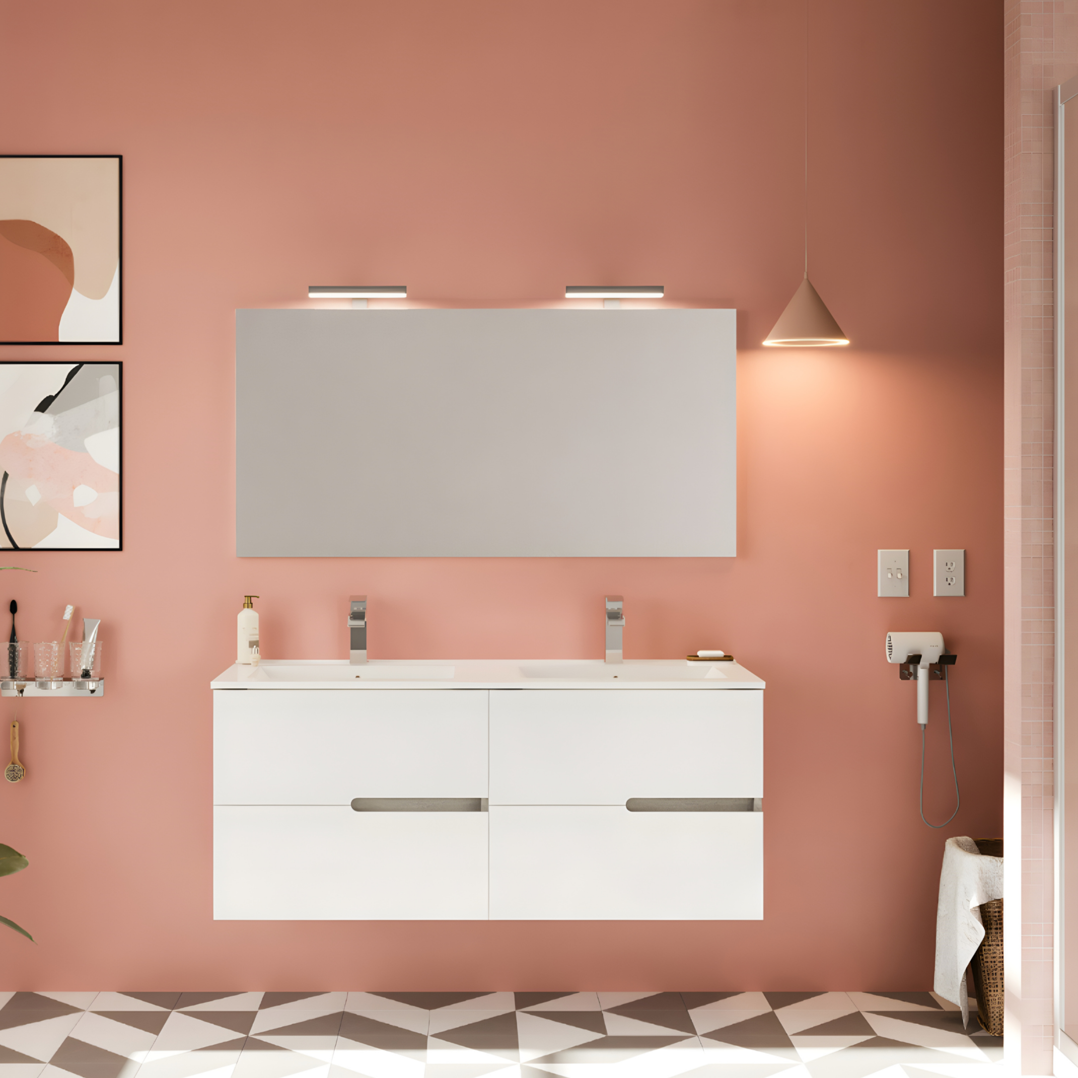 Mobile bagno sospeso moderno "Sara" in legno con 2 cassetti lavabo e specchio LED