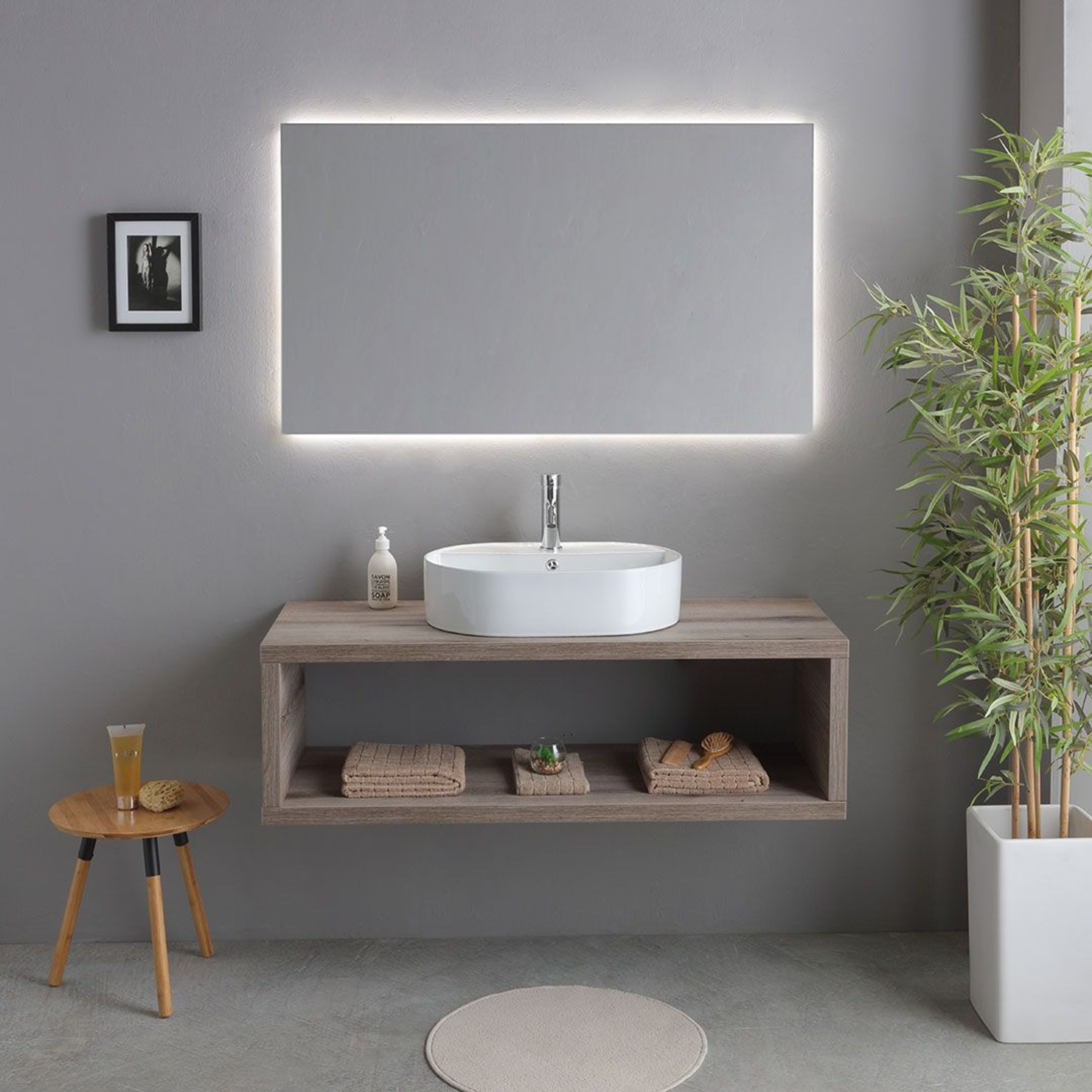 Mobile bagno sospeso rovere fossile "Samoa" 120 cm con lavabo ovale e specchio rettangolare LED