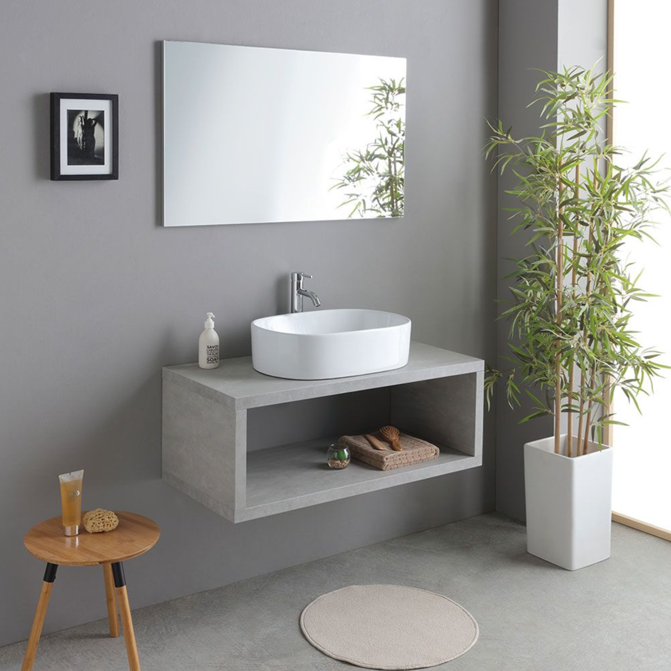 Mobile bagno sospeso grigio "Samos" 100 cm con lavabo in ceramica ovale e specchio semplice
