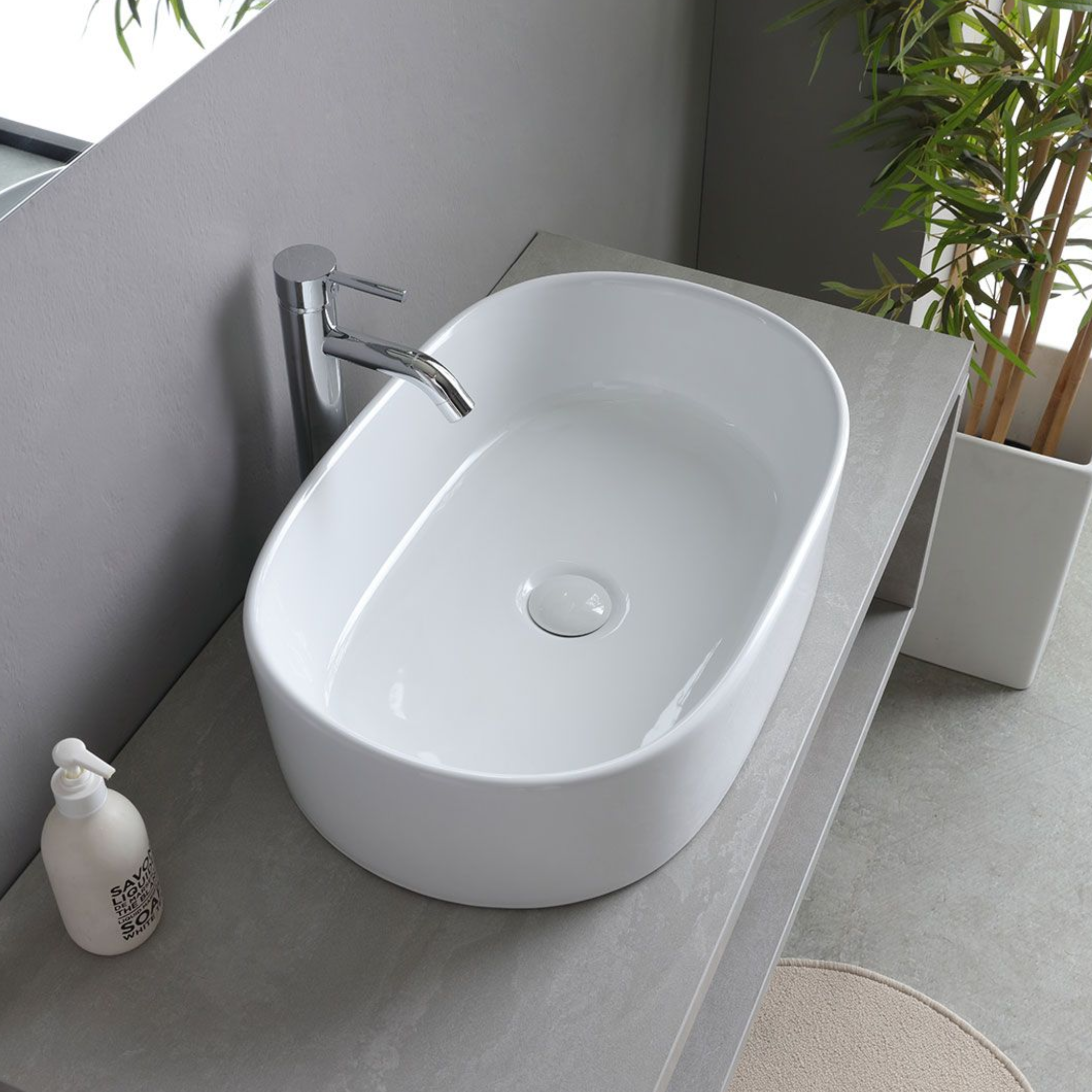 Mobile bagno sospeso grigio "Samos" 100 cm con lavabo in ceramica ovale e specchio semplice