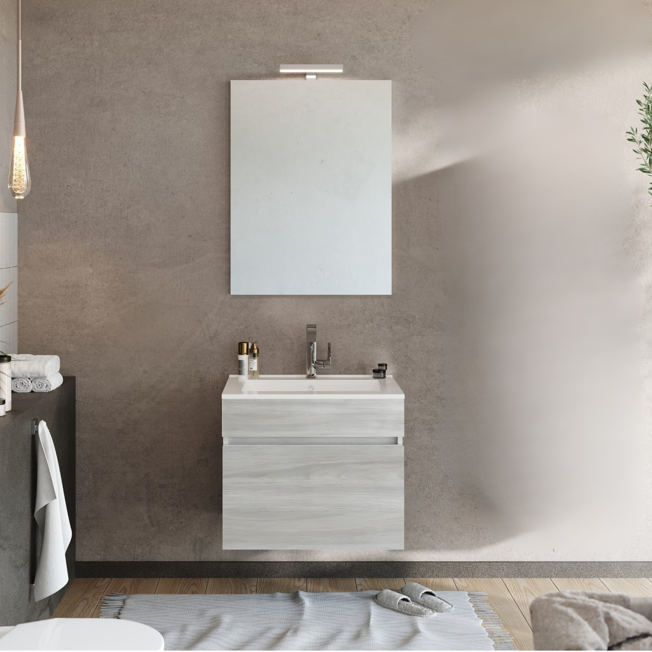 Mobile da bagno sospeso moderno "Velira" con lavabo integrato e specchio LED