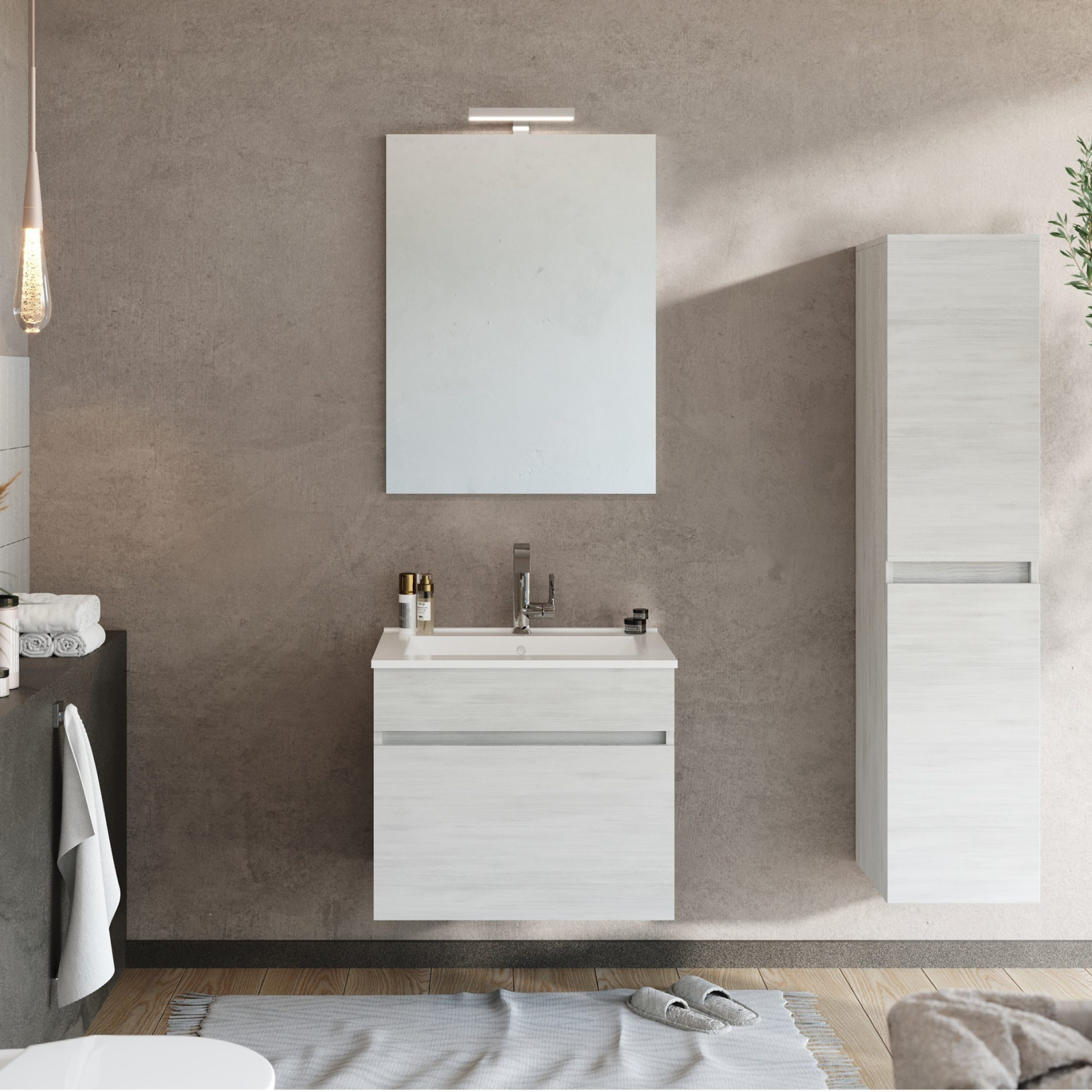 Mobile da bagno sospeso moderno "Velira" con lavabo integrato e specchio LED