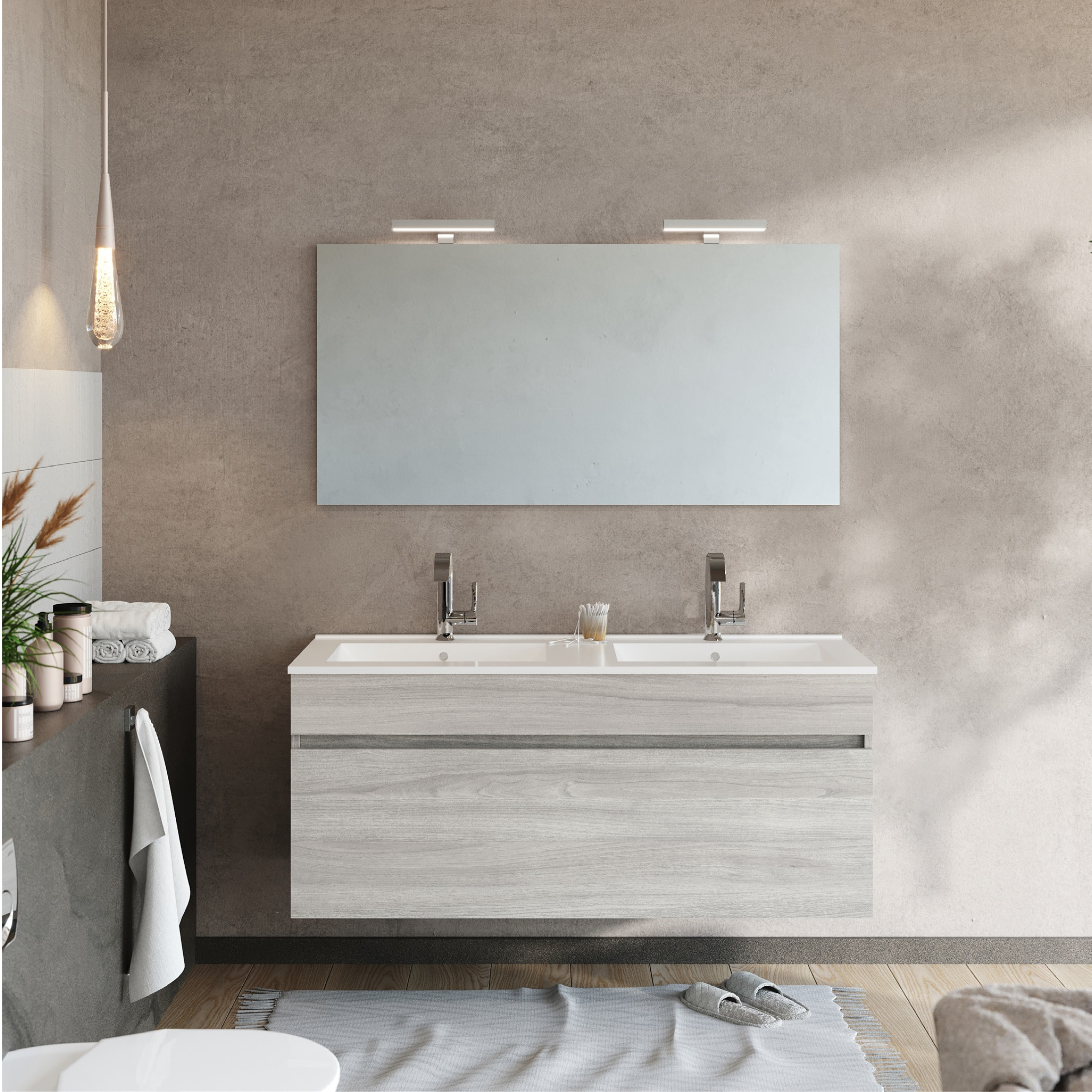 Mobile da bagno sospeso moderno "Velira" con lavabo integrato e specchio LED