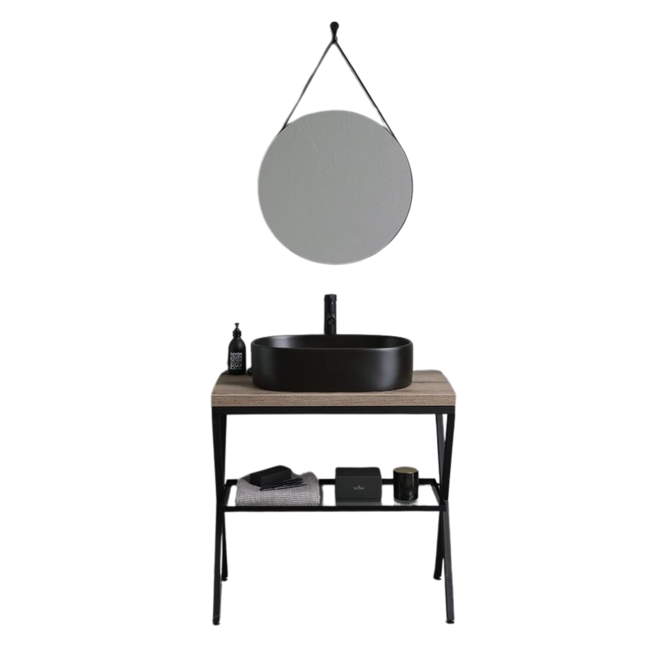 Mobile bagno a terra rovere fossile "Victoria" con lavabo in ceramica nero opaco ovale e specchio rotondo 80 cm