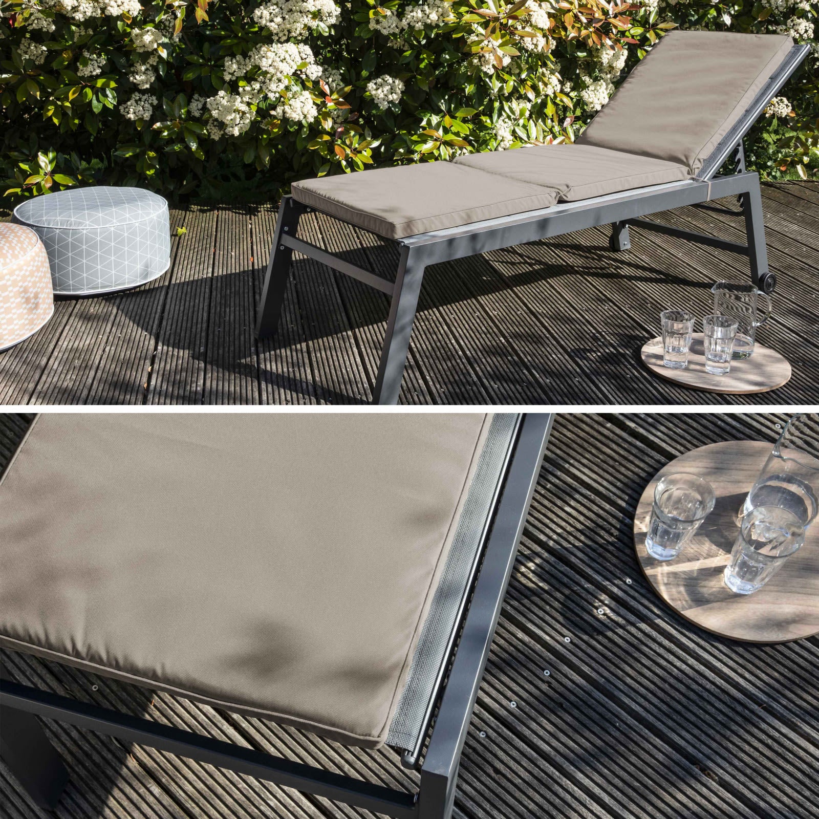 Cojines de espuma de poliuretano desenfundables e hidrófugos, forrados con volantes, cremallera y cordones de poliéster, de 5 cm de espesor