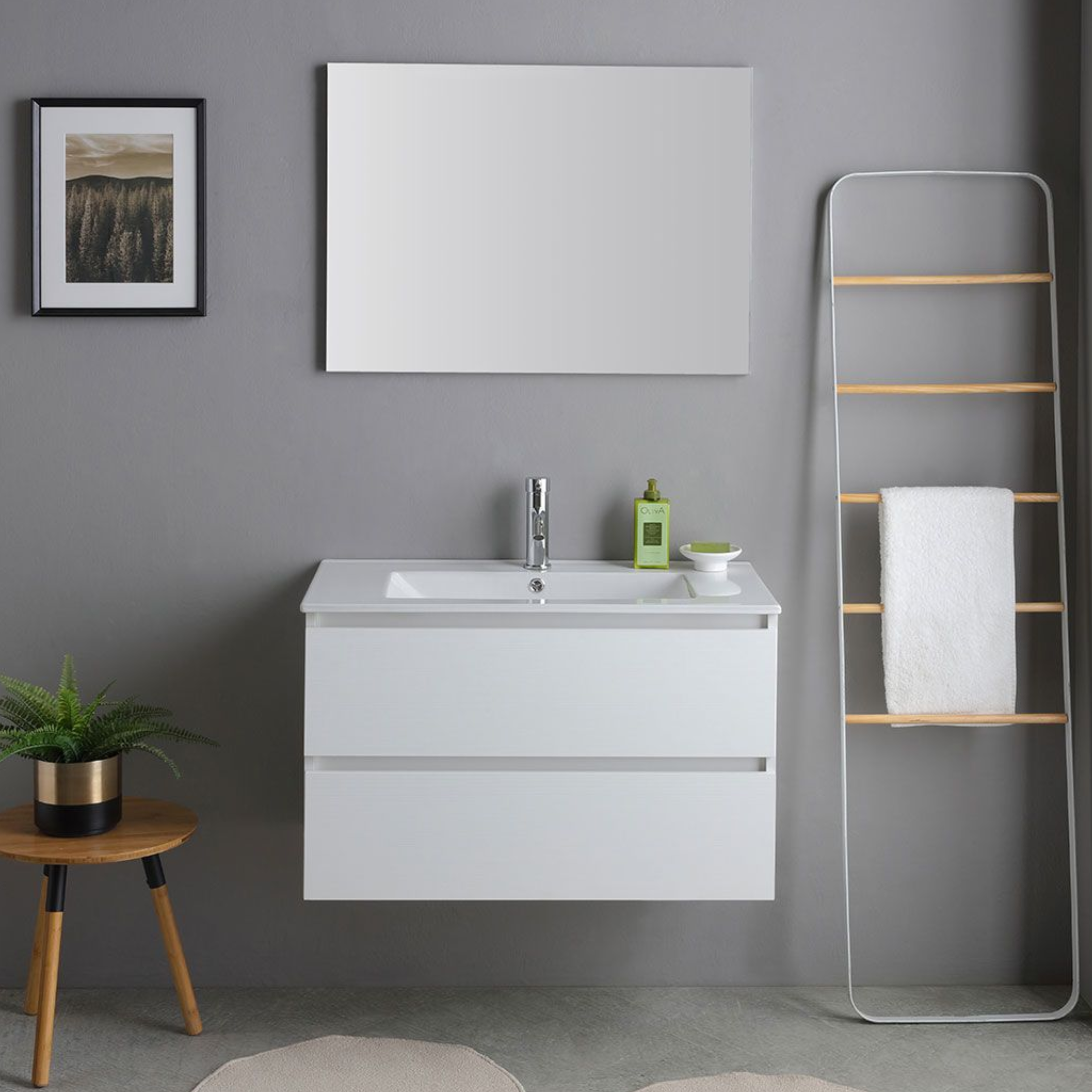 Mobile bagno bianco "Havana Plus" sospeso 2 cassetti base con specchio lavabo integrato in ceramica 80 cm