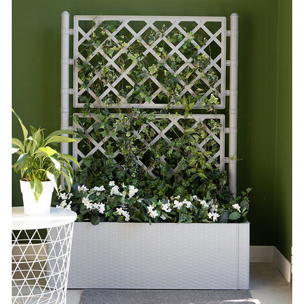 Fioriera bianca Natural Deluxe con pannello grigliato in rattan 100x43 h142