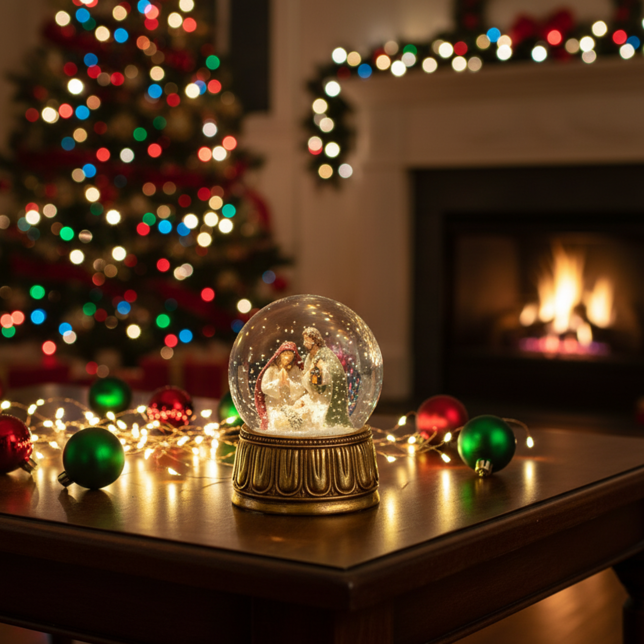 Sfera d'acqua con natività e carillon base in resina dipinta a mano, decorazione natalizia cm Ø10x14,5h