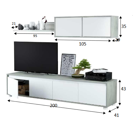 Kit Parete attrezzata Alida bianco cemento con mensola da soggiorno