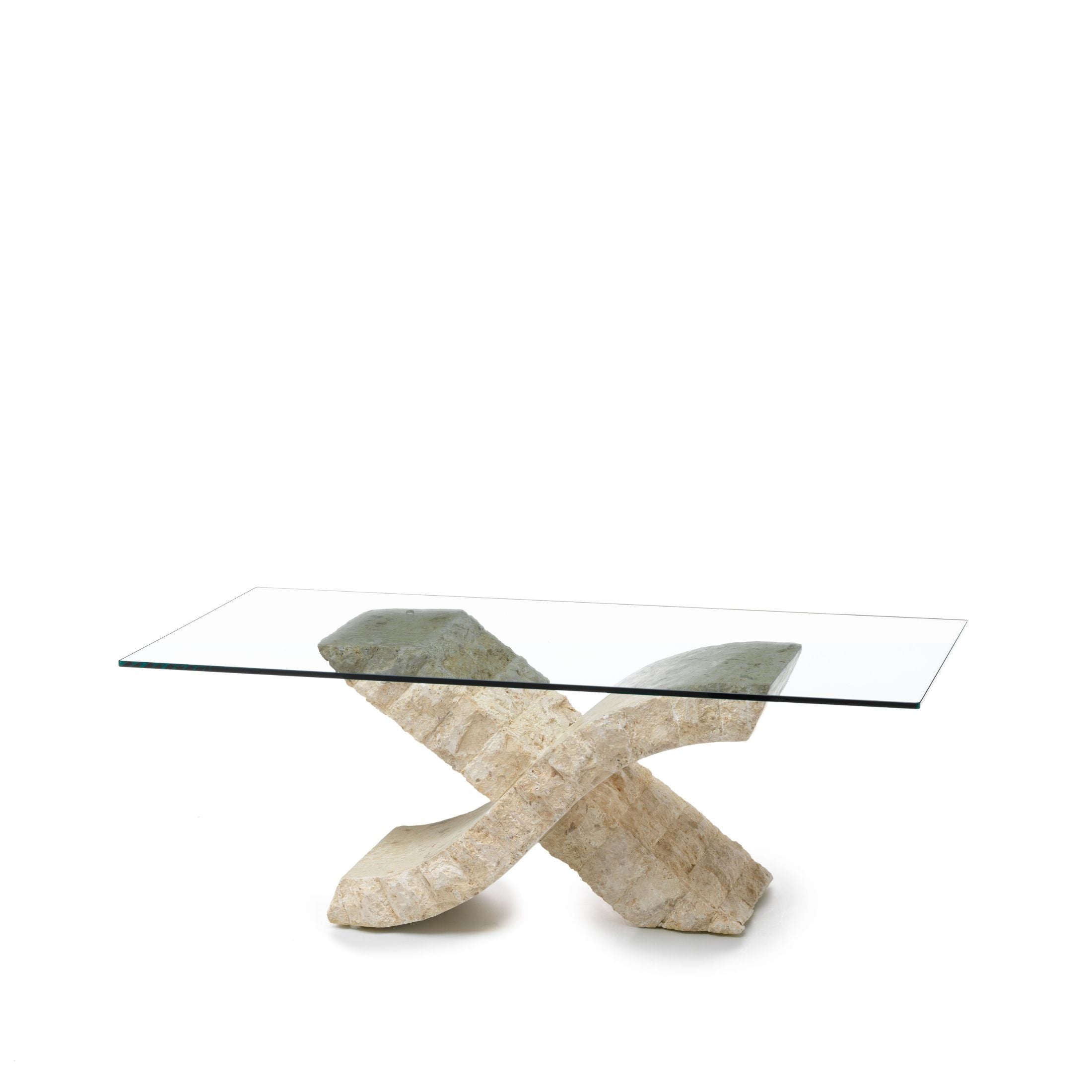 Table basse en pierre fossile plateau verre trempé "Xénon" 120x70 cm 40h