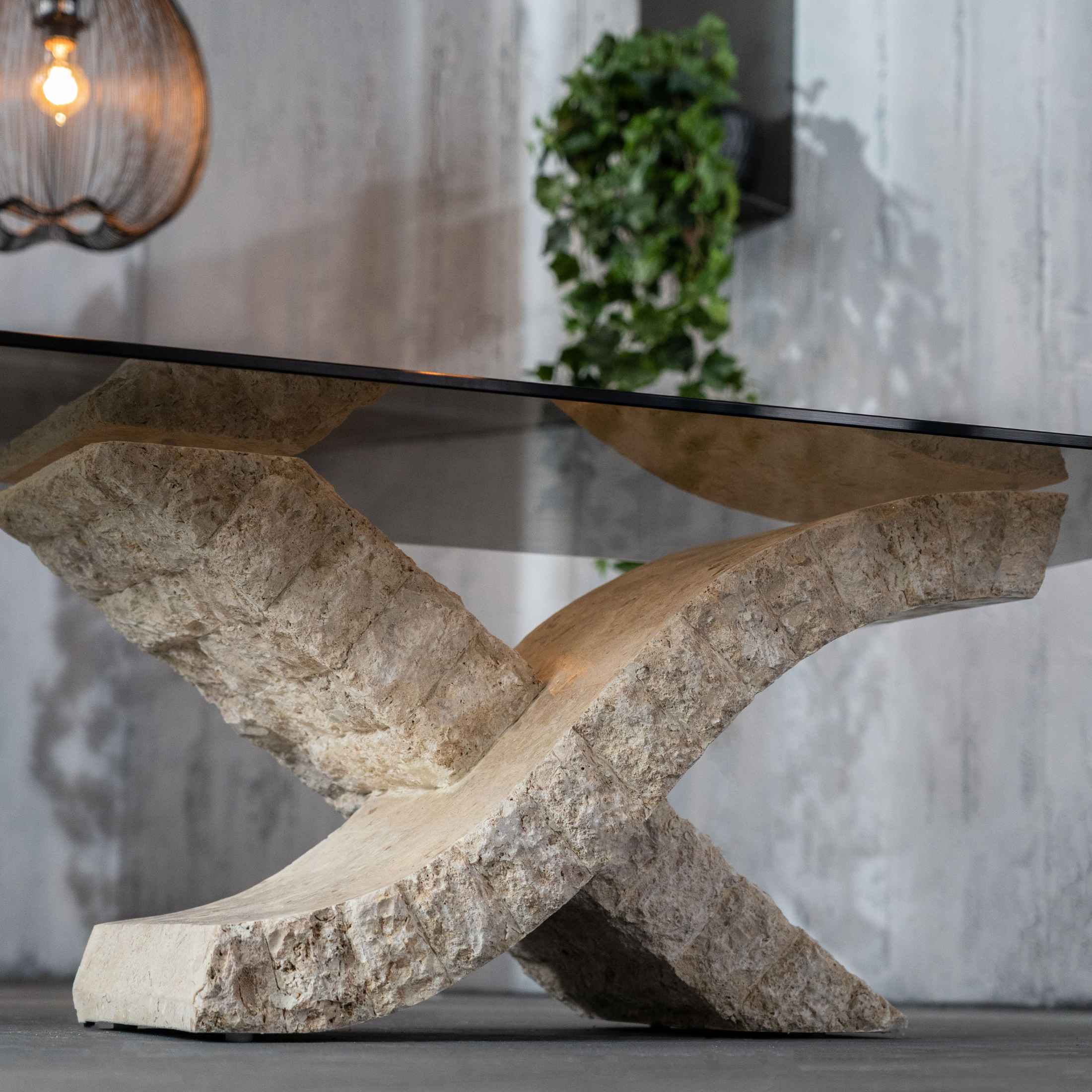 Table basse en pierre fossile plateau verre trempé "Xénon" 120x70 cm 40h