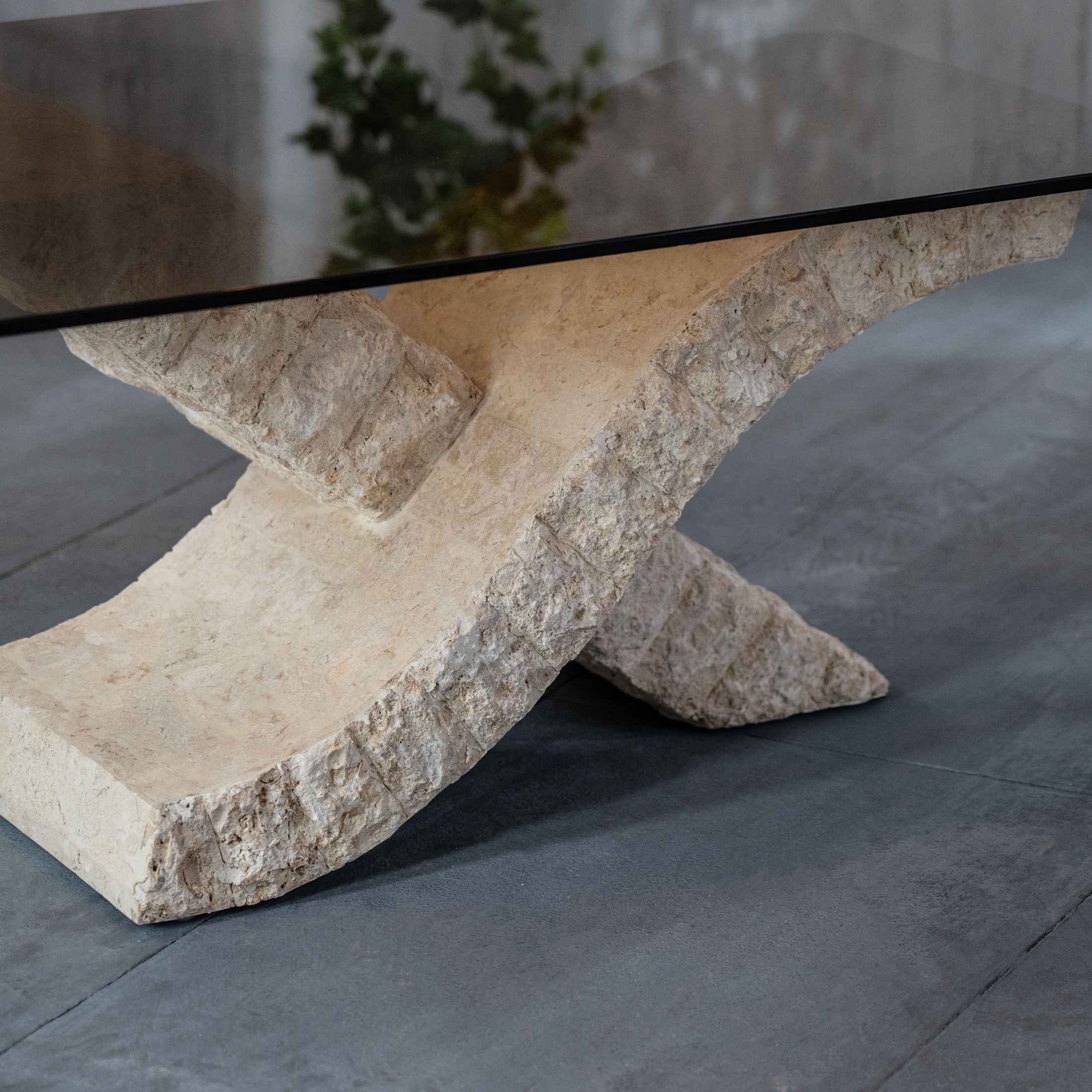 Table basse en pierre fossile plateau verre trempé "Xénon" 120x70 cm 40h