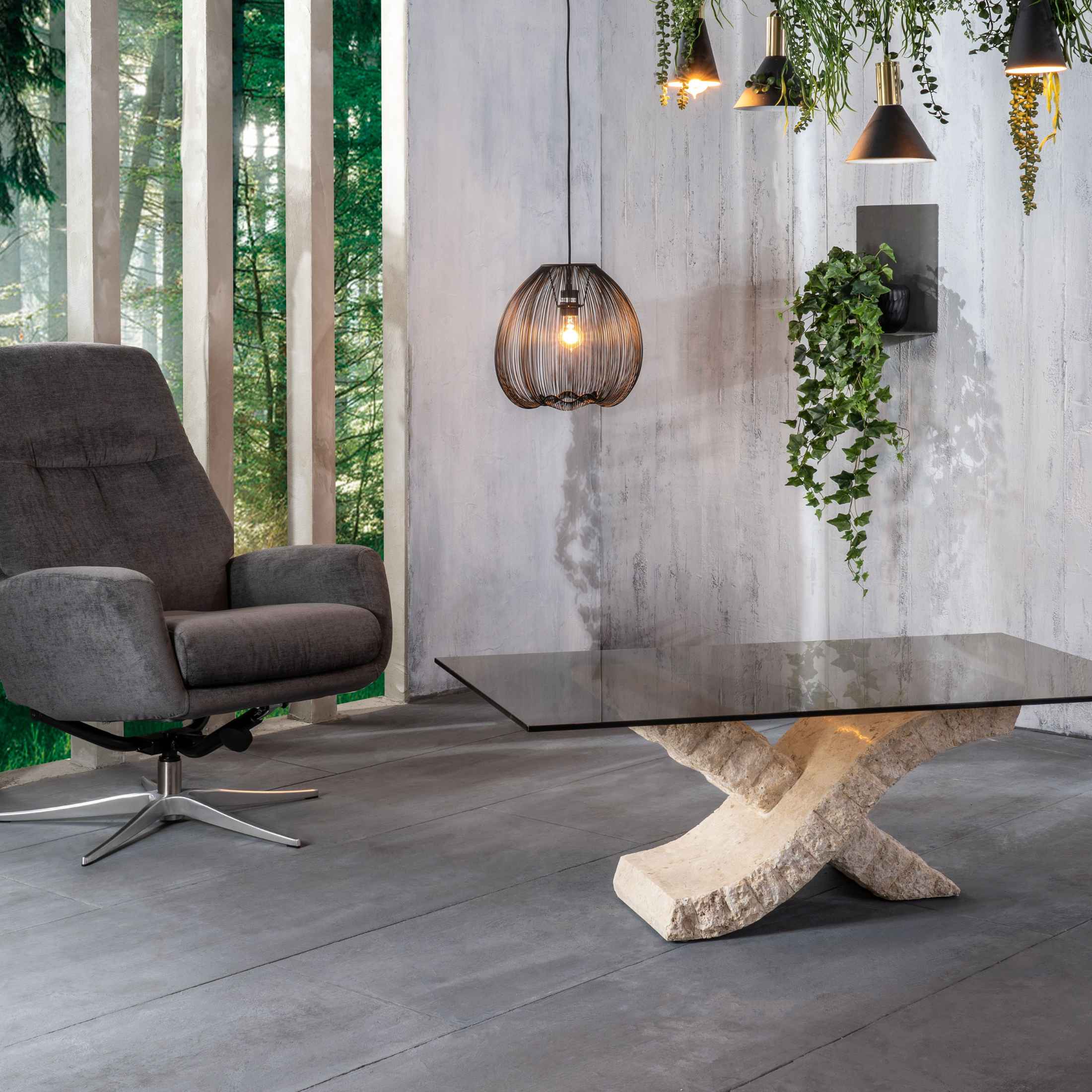 Table basse en pierre fossile plateau verre trempé "Xénon" 120x70 cm 40h