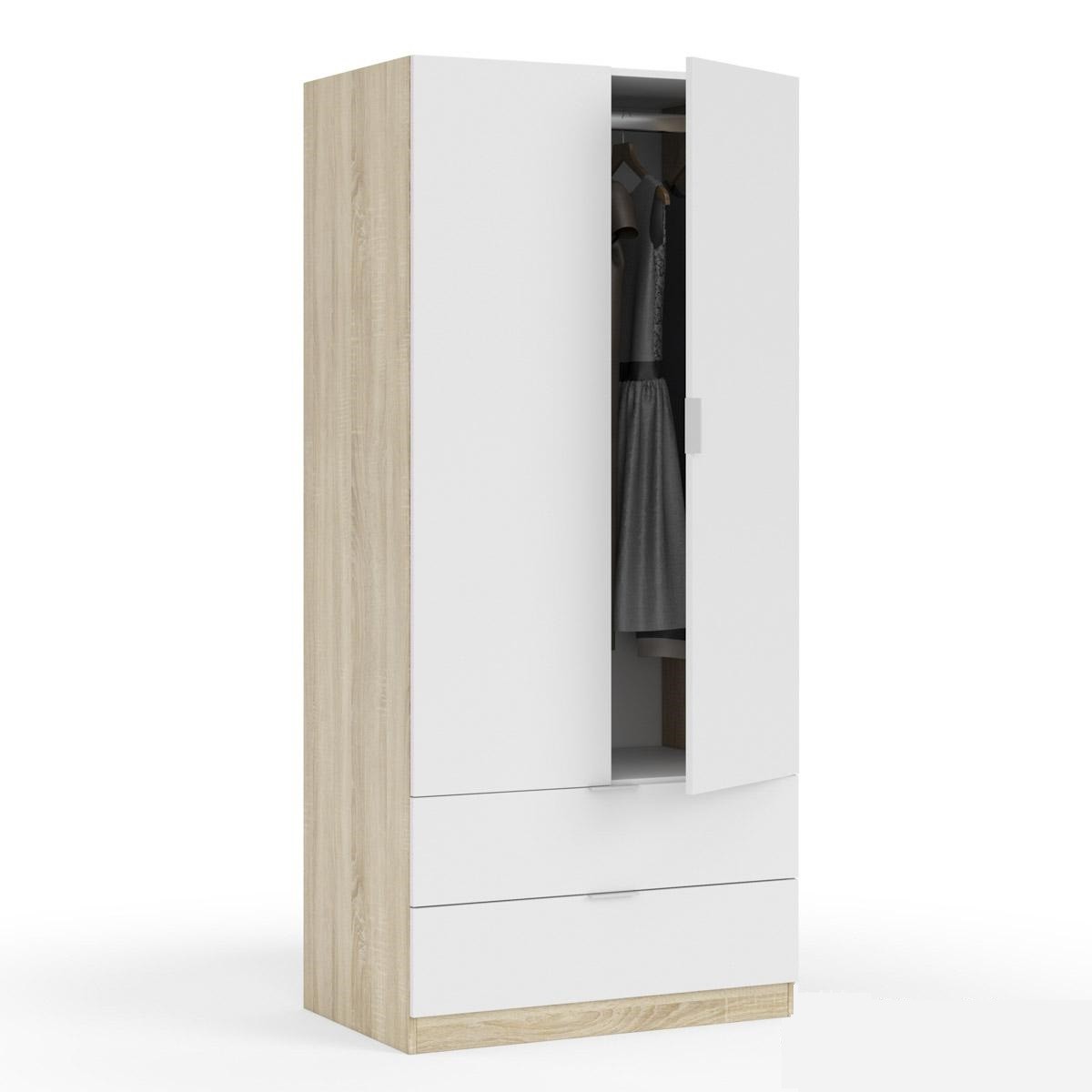 Armadio in legno bianco rovere a 2 ante con 2 cassetti cm80x52 180h