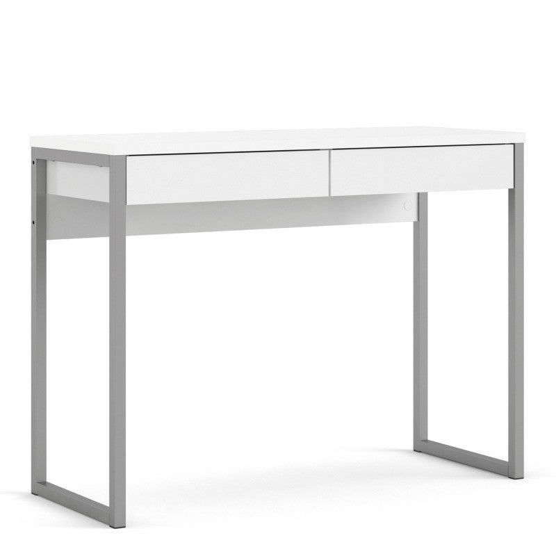 Scrivania in legno laccato bianco con due cassetti e gambe in metallo