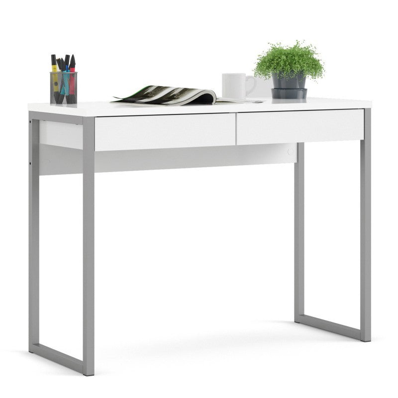Scrivania in legno laccato bianco con due cassetti e gambe in metallo