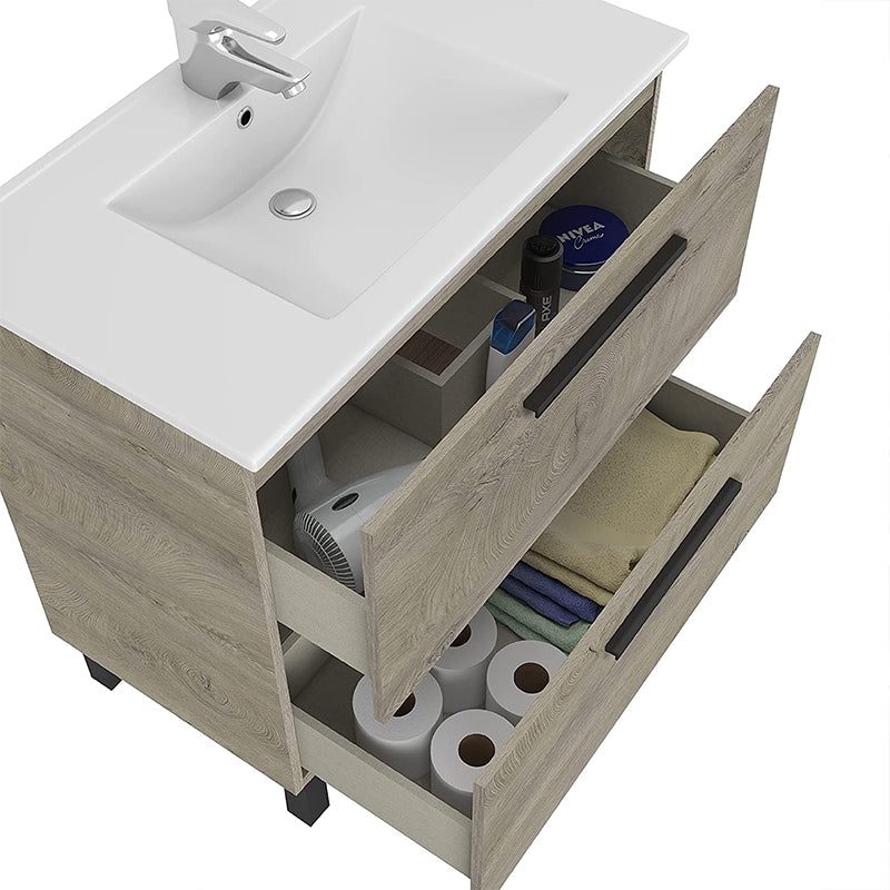 Mobile cassettiera sottolavabo per bagno in legno con specchio e piedini rialzati