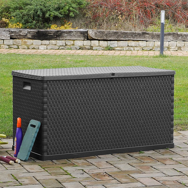 Cassapanca in resina effetto rattan panca contenitore con ruote e manici l 123 cm