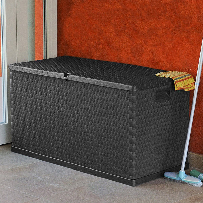 Cassapanca in resina effetto rattan panca contenitore con ruote e manici l 123 cm