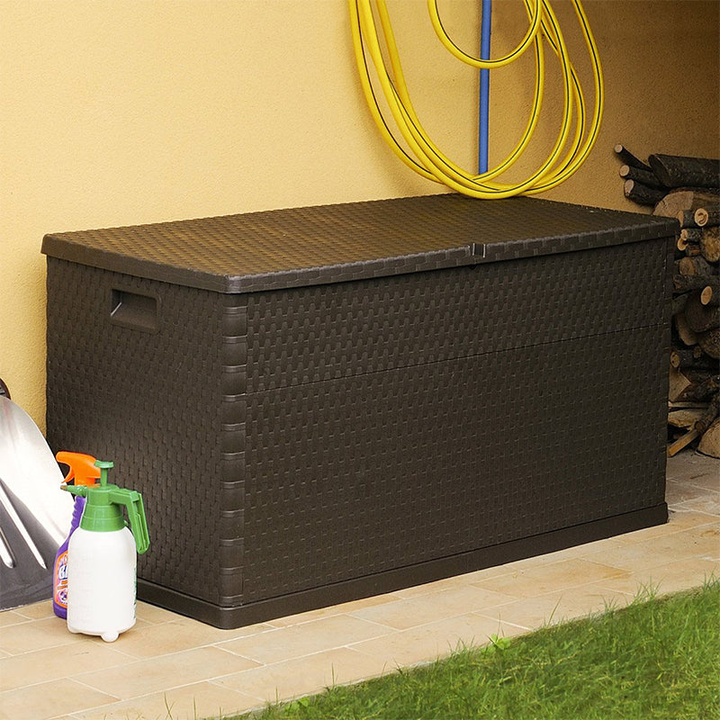 Cassapanca in resina effetto rattan panca contenitore con ruote e manici l 123 cm