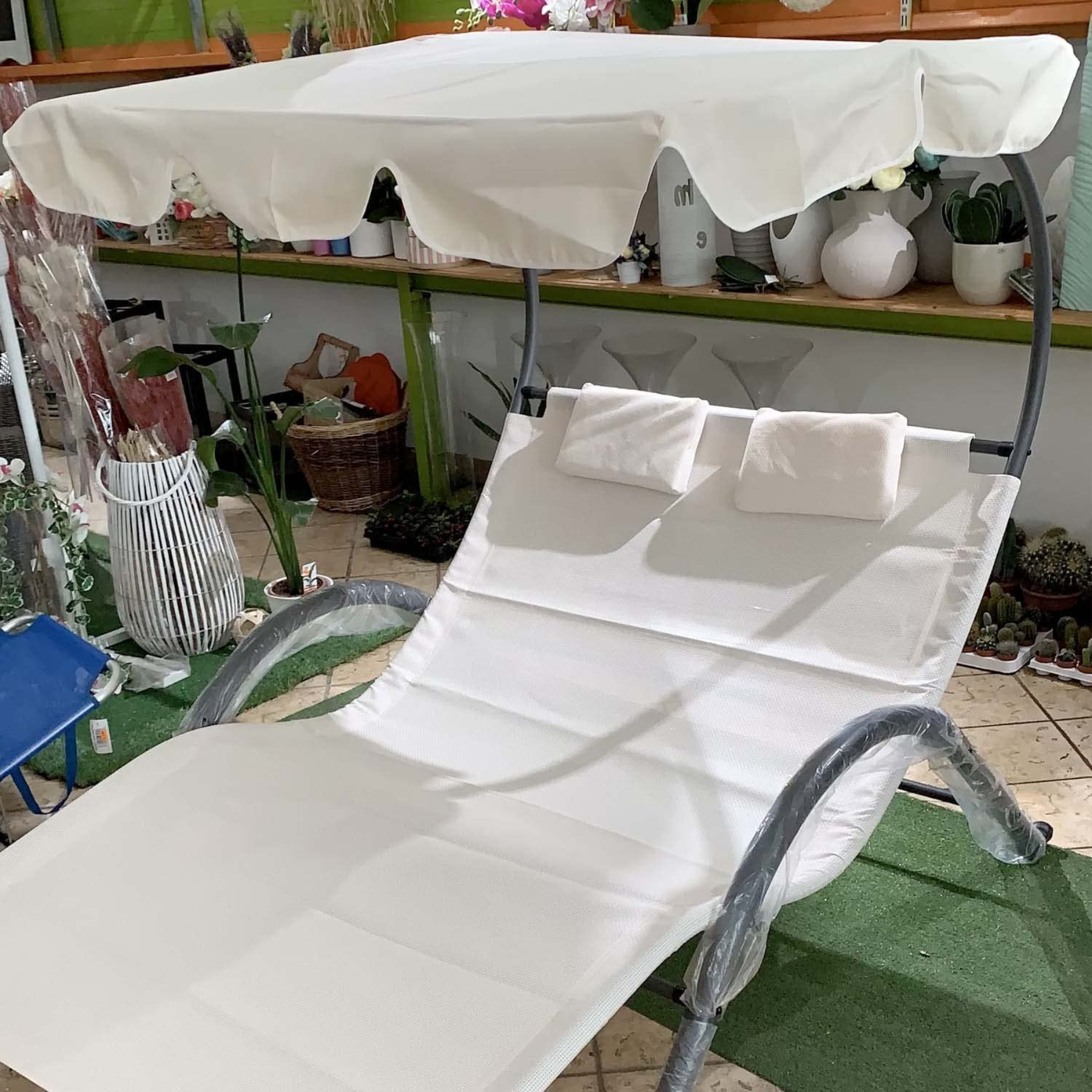 Lettino prendisole matrimoniale in acciaio e textilene tettuccio parasole orientabile Garden Sun 205x138x150 cm