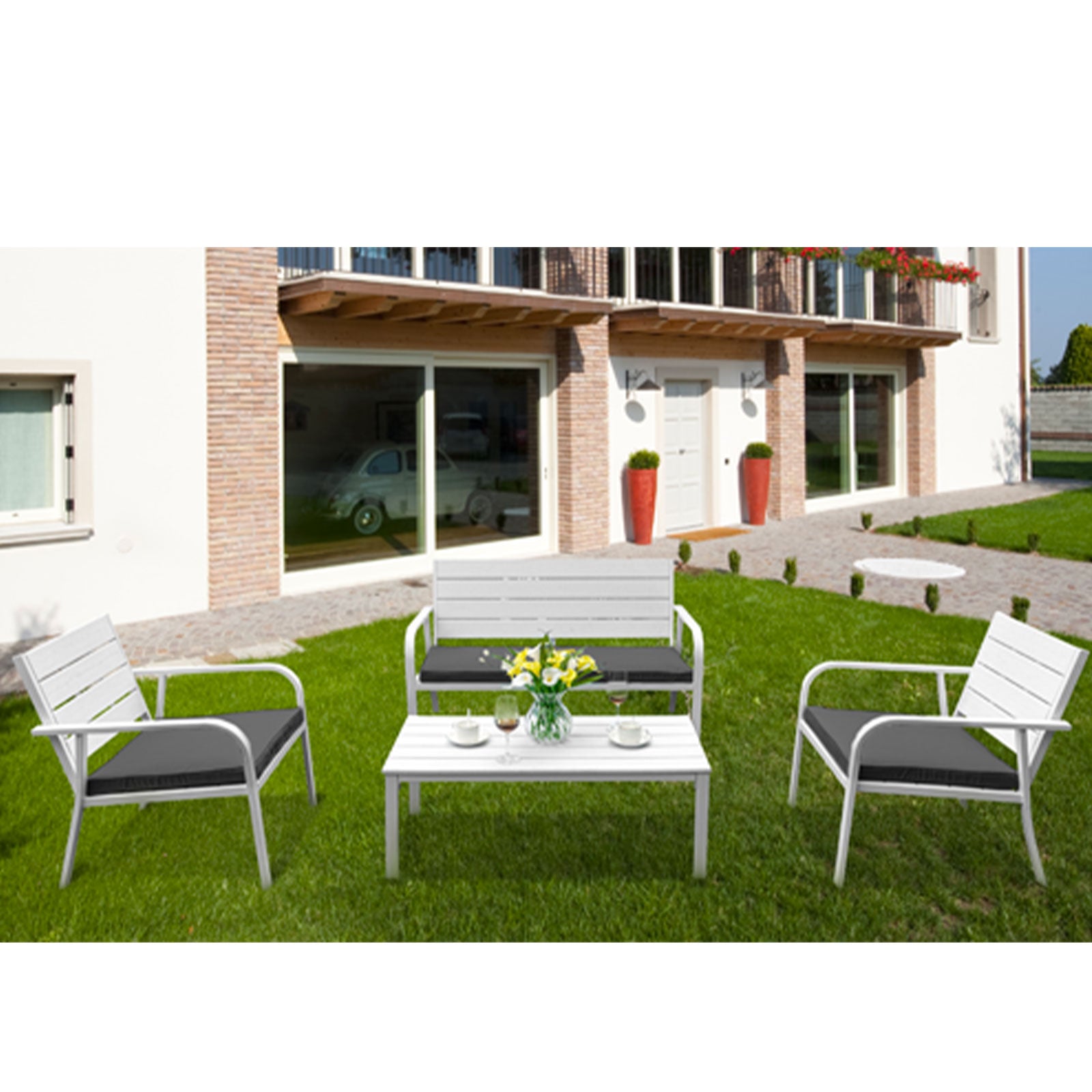 Salotto Murano elegante per giardino o veranda in acciaio completo di cuscini