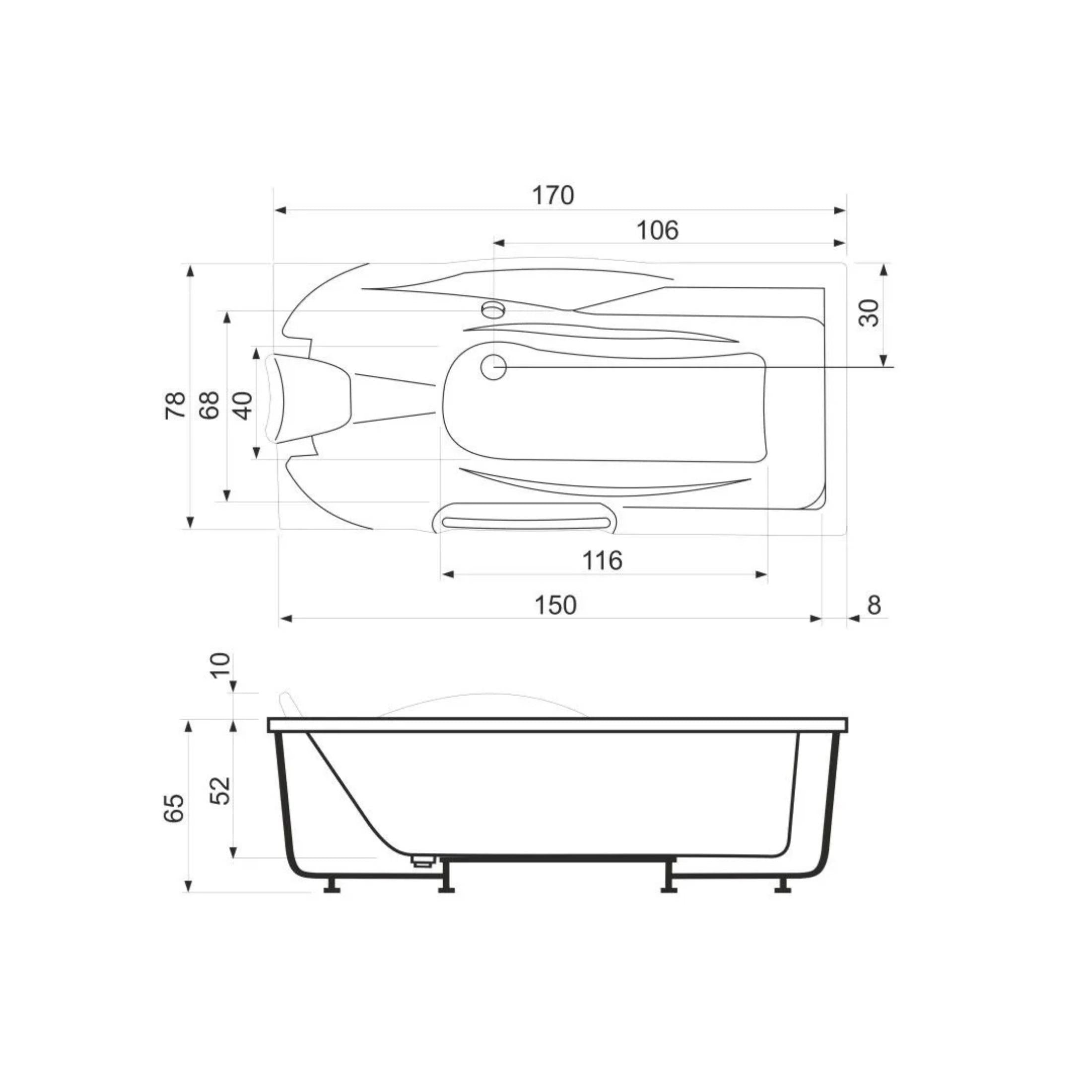 Vasca da bagno con idromassaggio "Doris" ad incasso su 3 pareti cm 170x78 65h