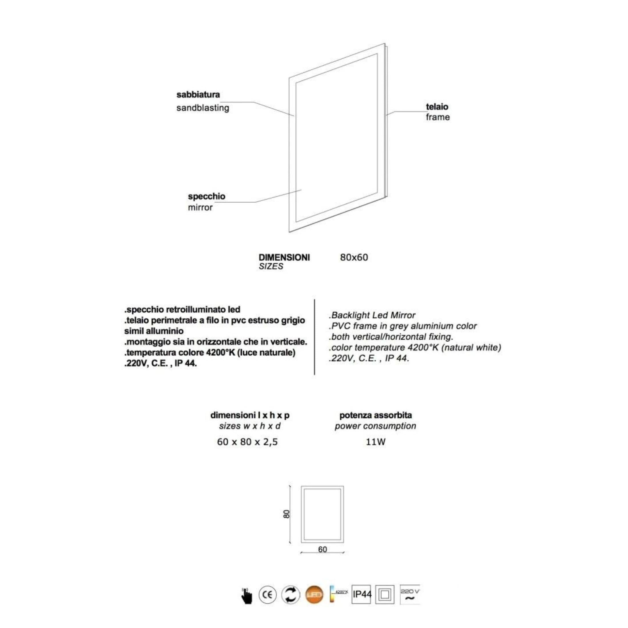 Specchio con cornice led "Bend" rettangolare reversibile cm 80x60