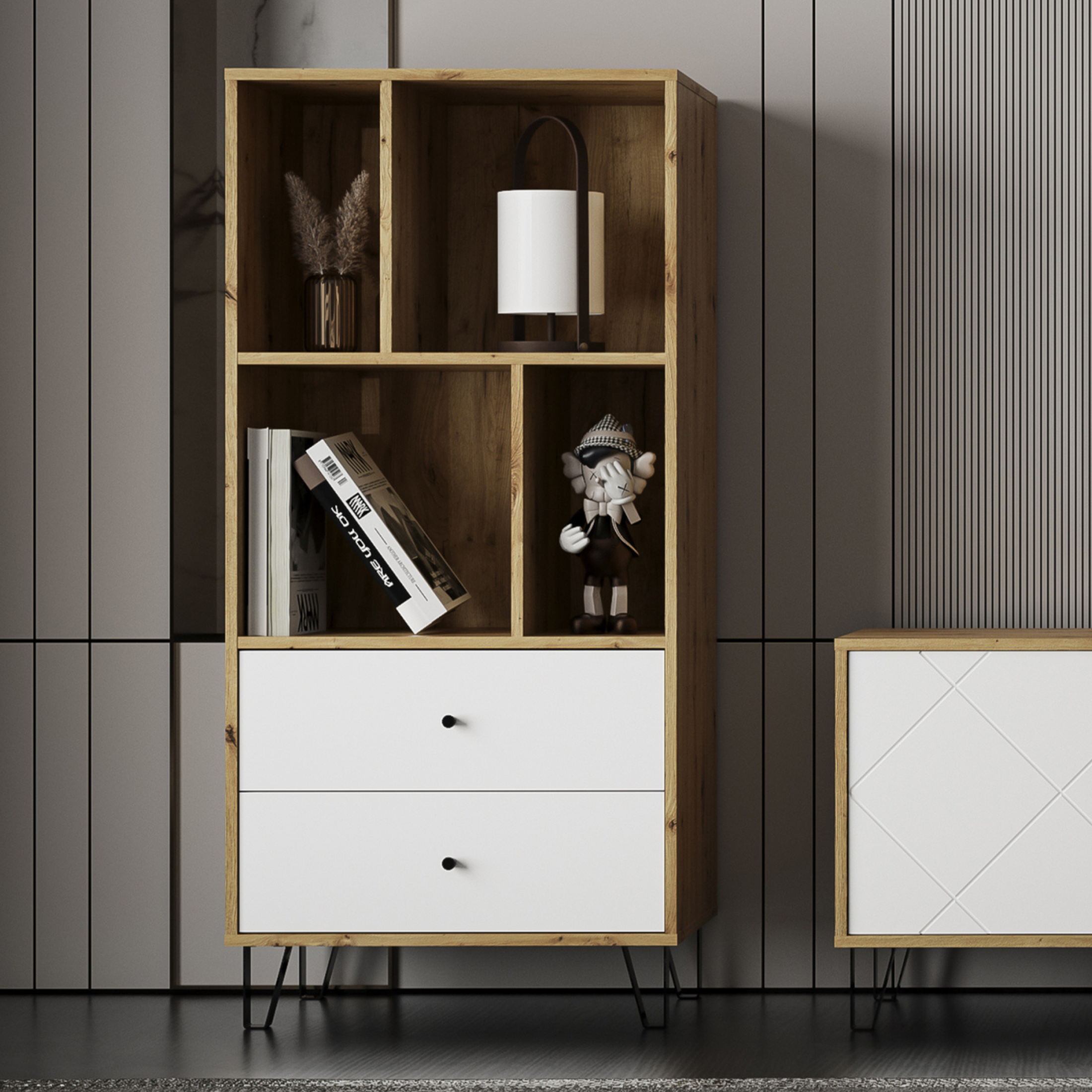 Set mobili da soggiorno "Living Bollo" in legno rovere artisan e bianco