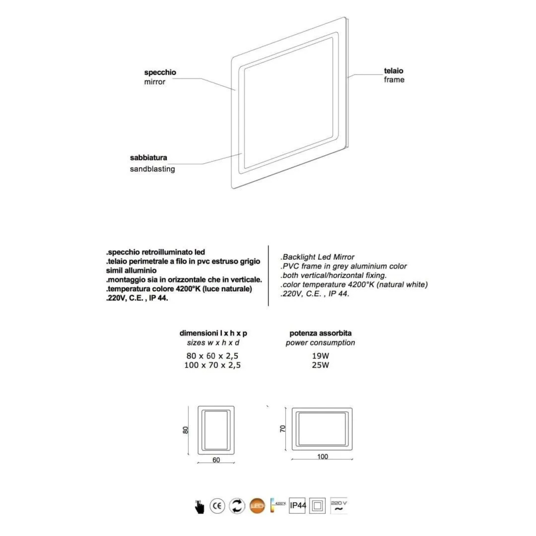 Specchio con cornice a led "Portland" rettangolare reversibile