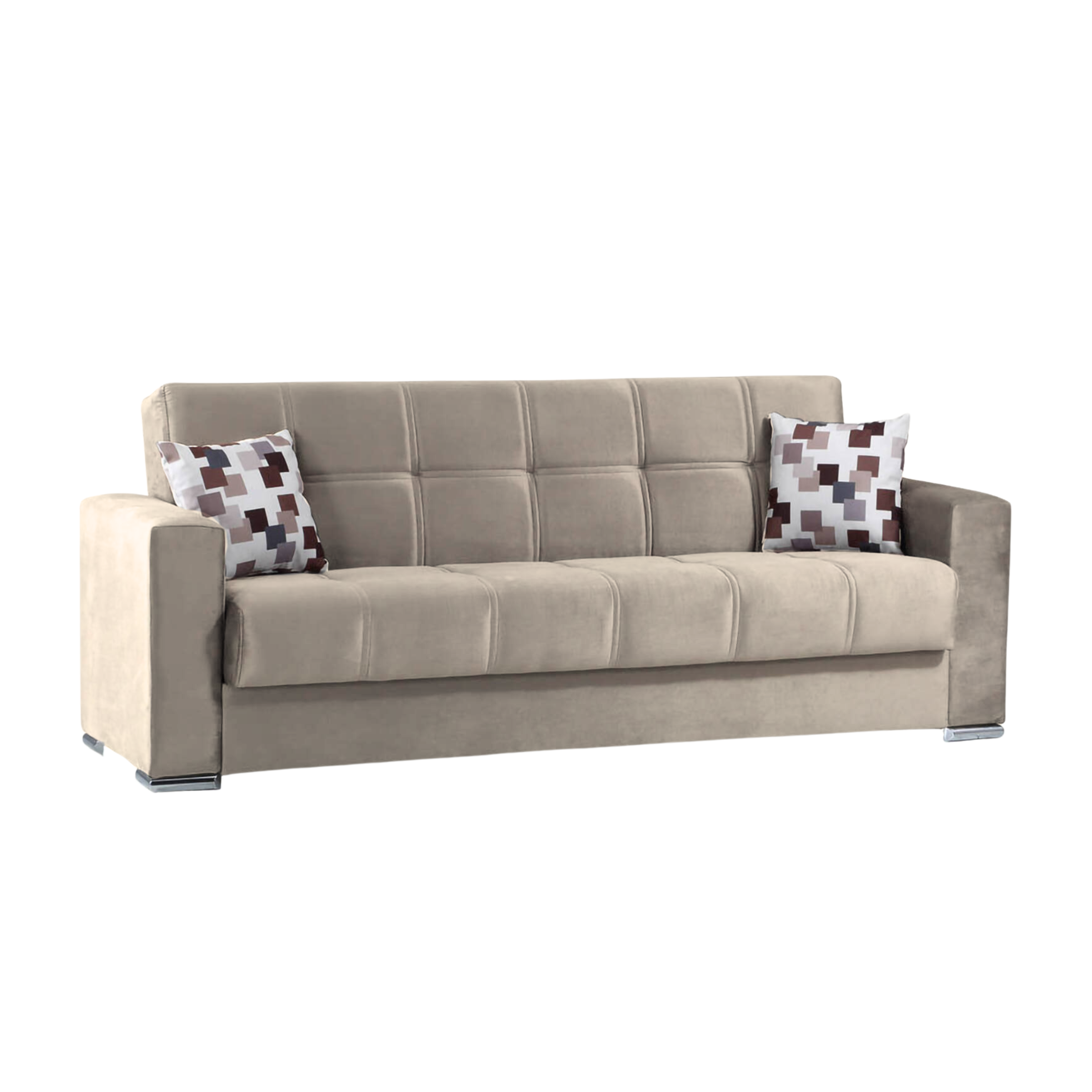Divano letto 3 posti contenitore "Alba" in tessuto con piedi cromati cm 226x85 92h