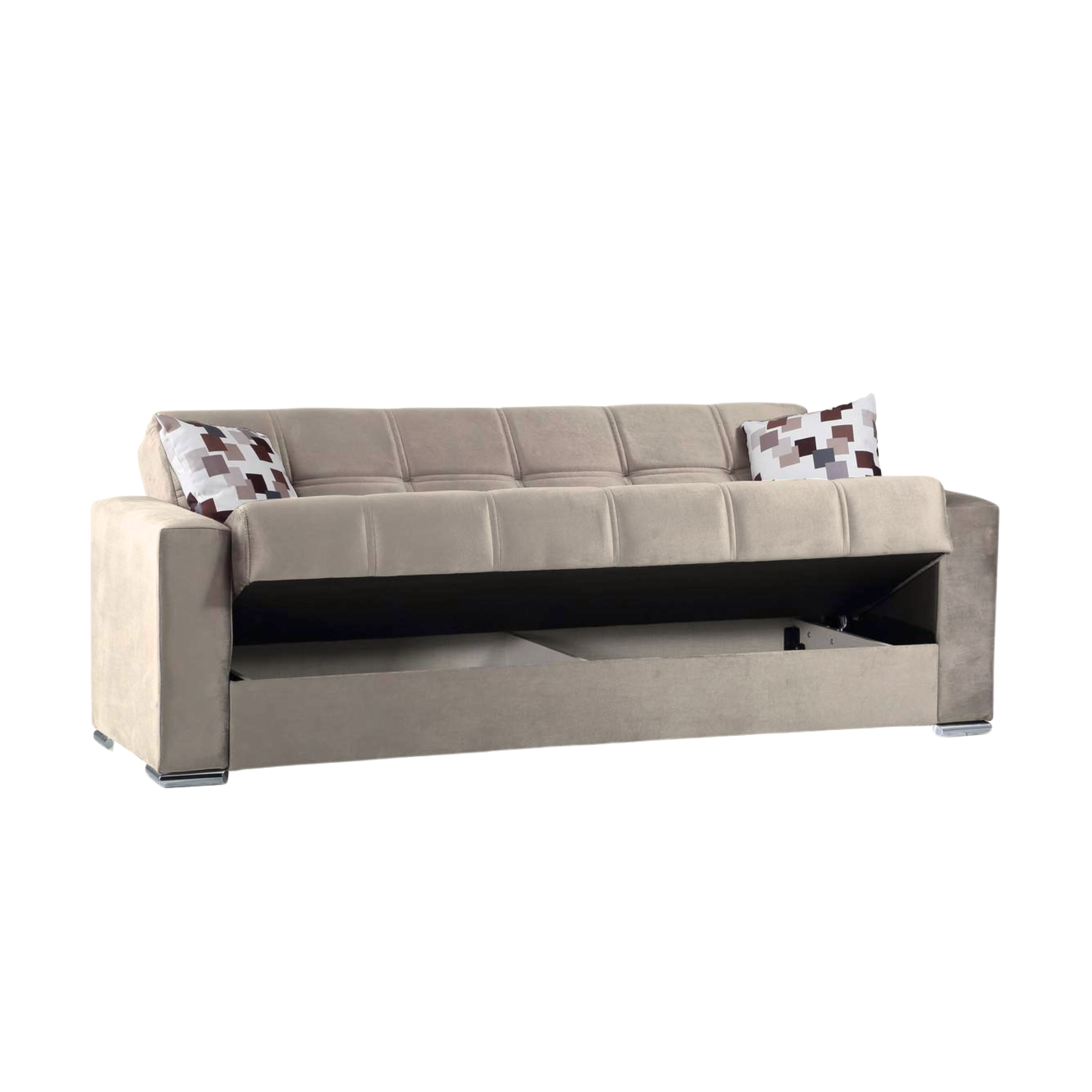 Divano letto 3 posti contenitore "Alba" in tessuto con piedi cromati cm 226x85 92h