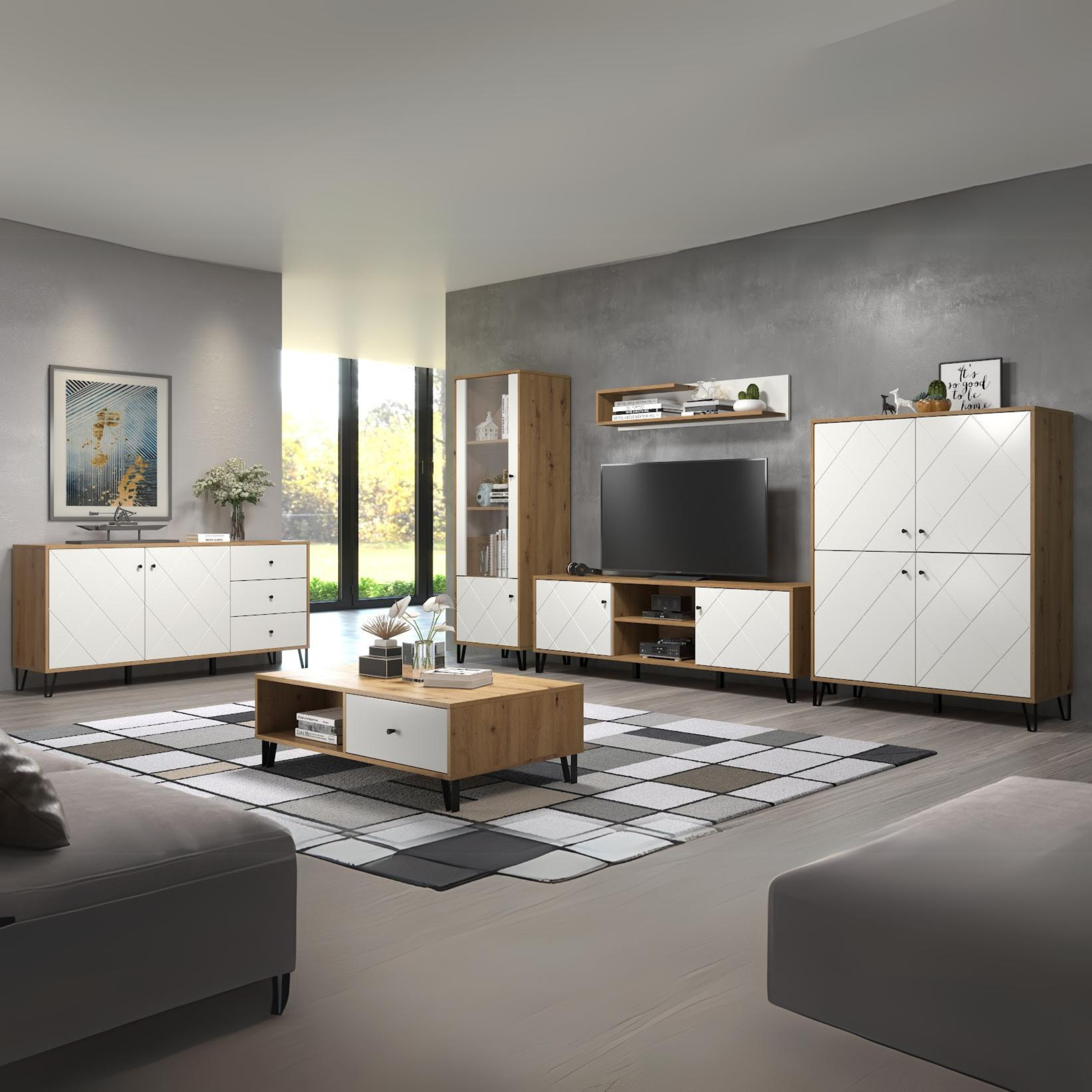 Set mobili da soggiorno "Living Bollo" in legno rovere artisan e bianco