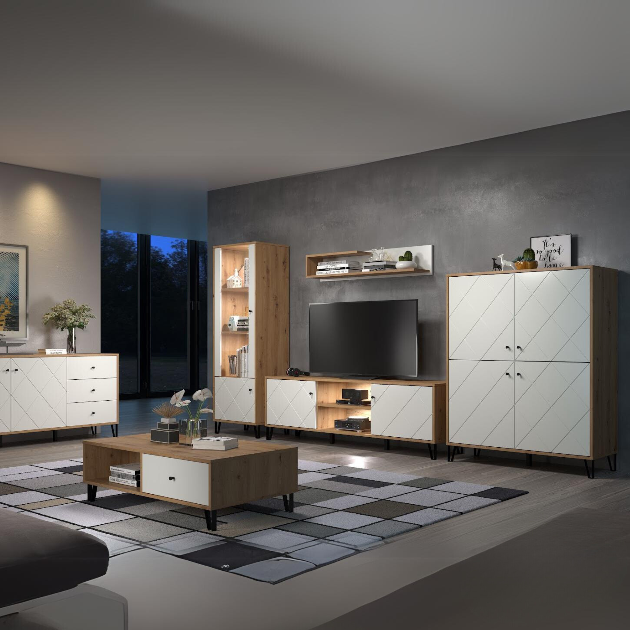 Set mobili da soggiorno "Living Bollo" in legno rovere artisan e bianco