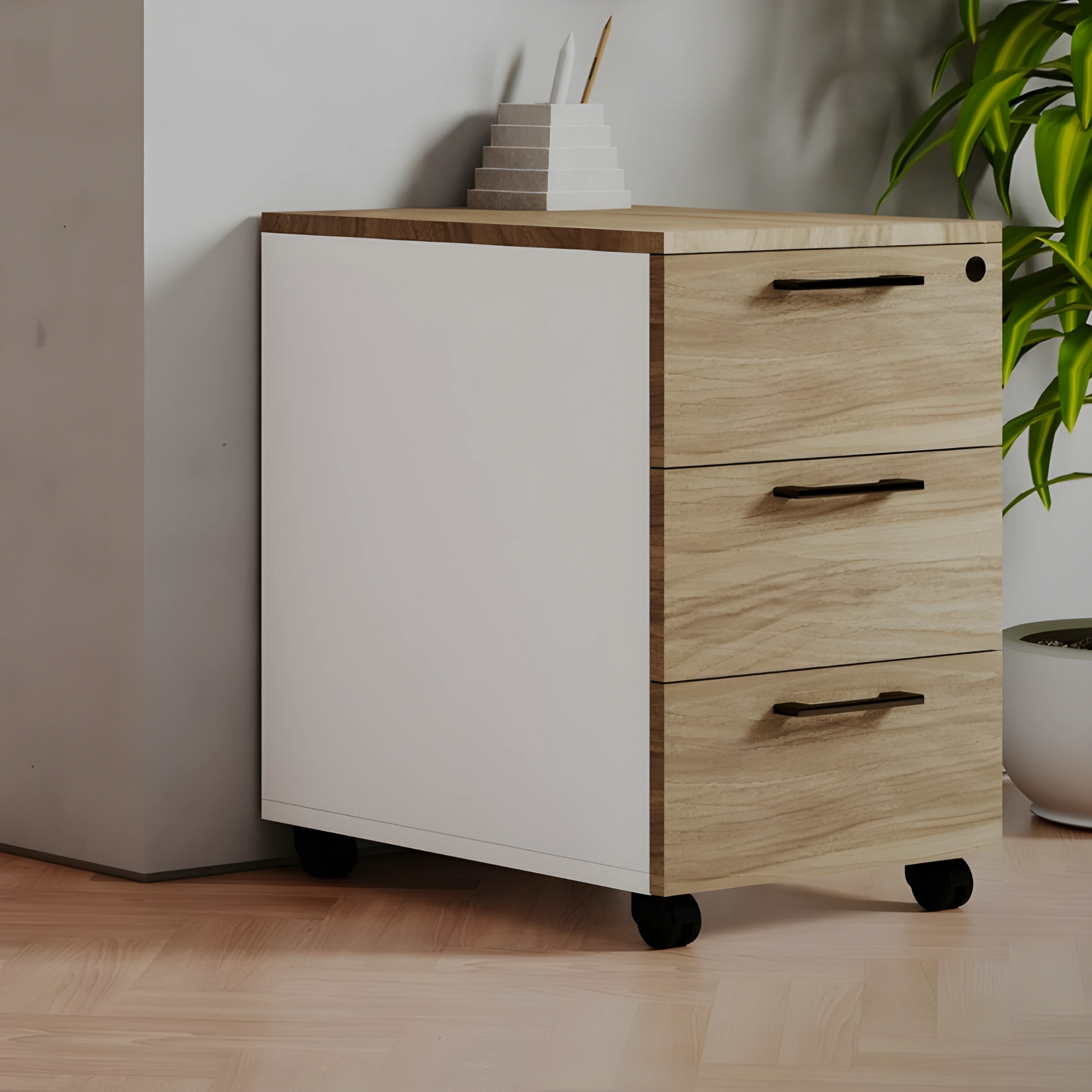 Cassettiera moderna da ufficio 3 cassetti "Ibisco" bianca e noce naturale cm 40x55 58h