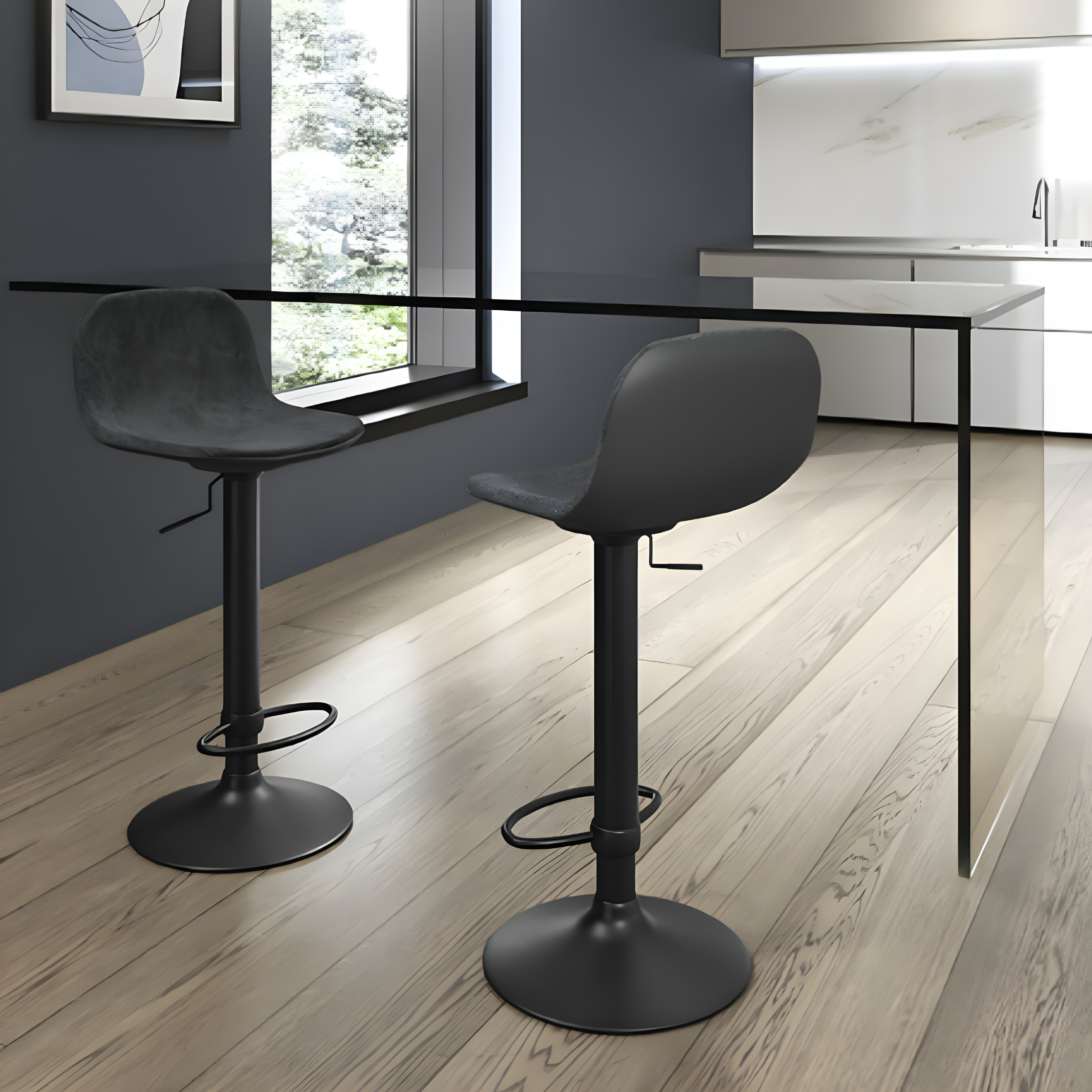 Tabouret haut "Teo" en tissu avec vérin à gaz et repose-pieds 45x39 cm 86h