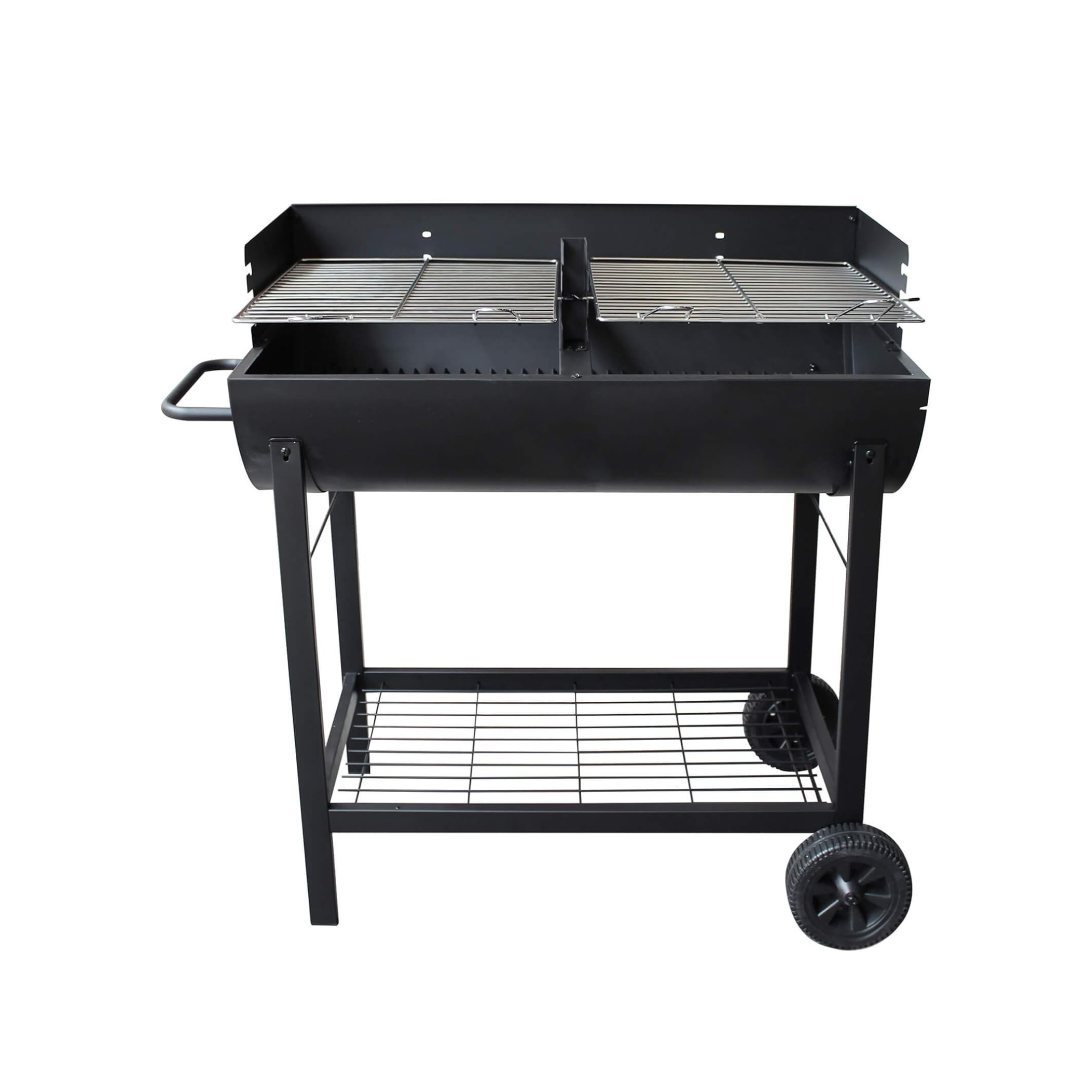 Barbecue rectangulaire à charbon de bois double grille en acier avec roulettes