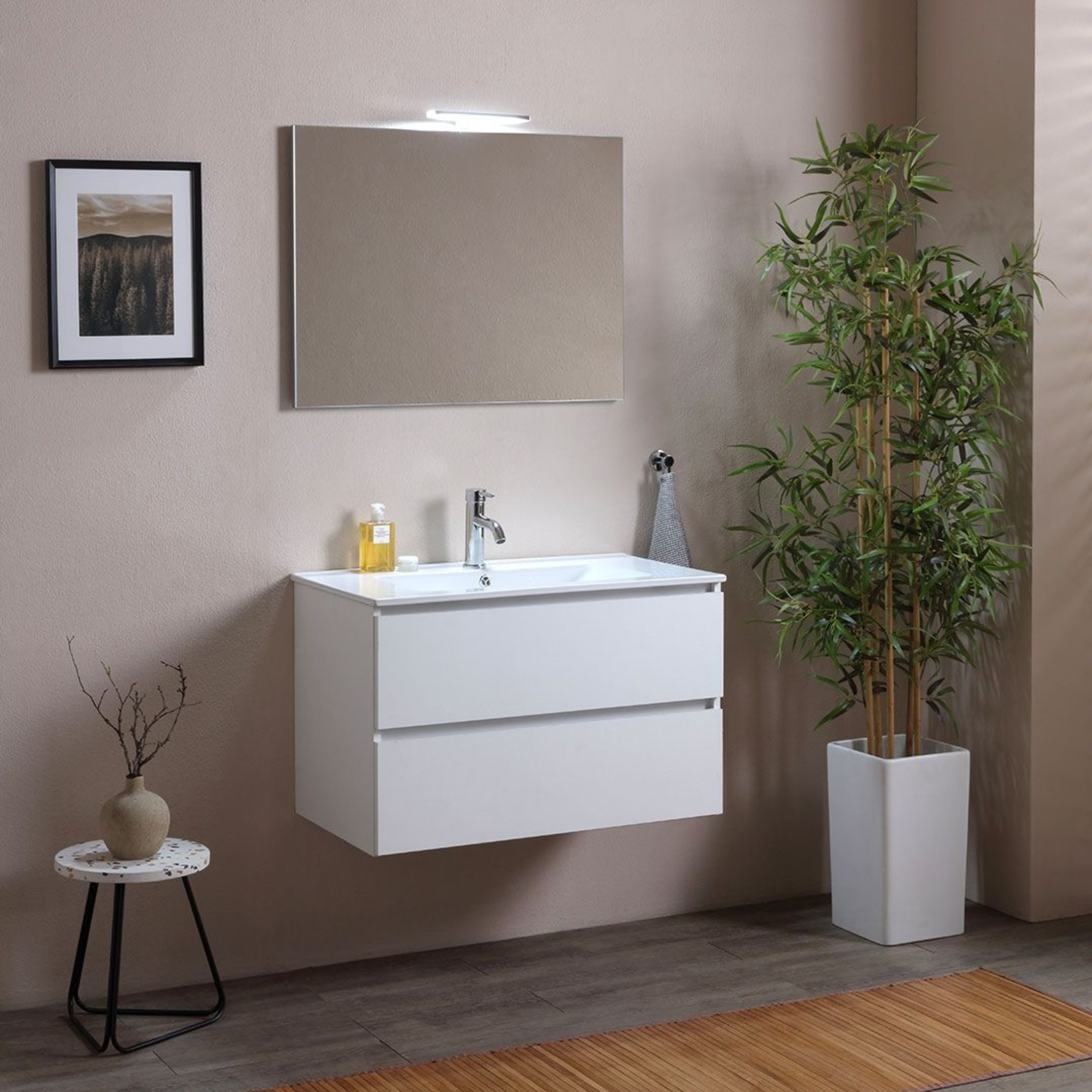 Mobile da bagno bianco "Belize80" sospeso con due cassetti e lavabo in ceramica
