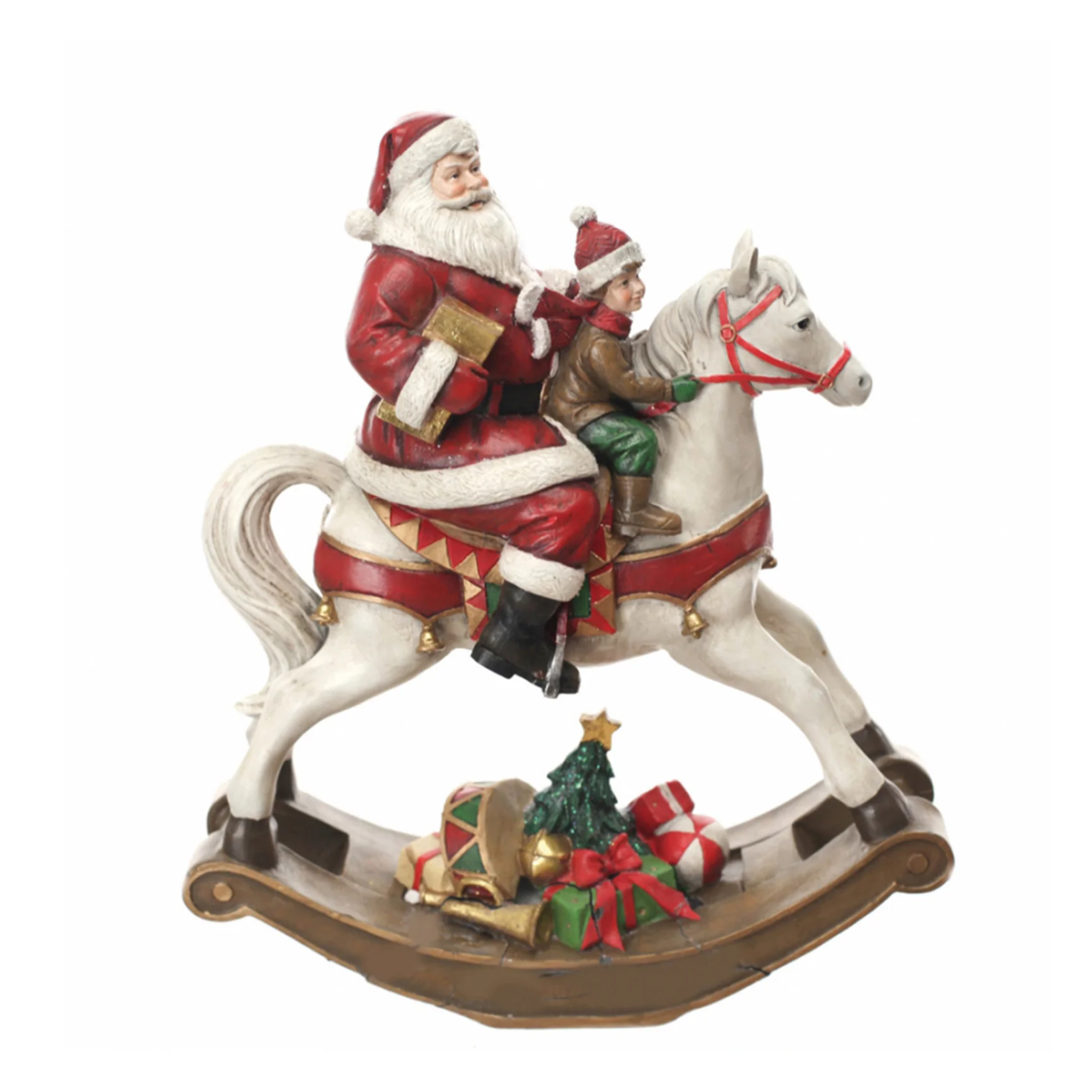 Statuetta cavallo a dondolo con Babbo Natale colori natalizi in poliresina cm 18x8 22h