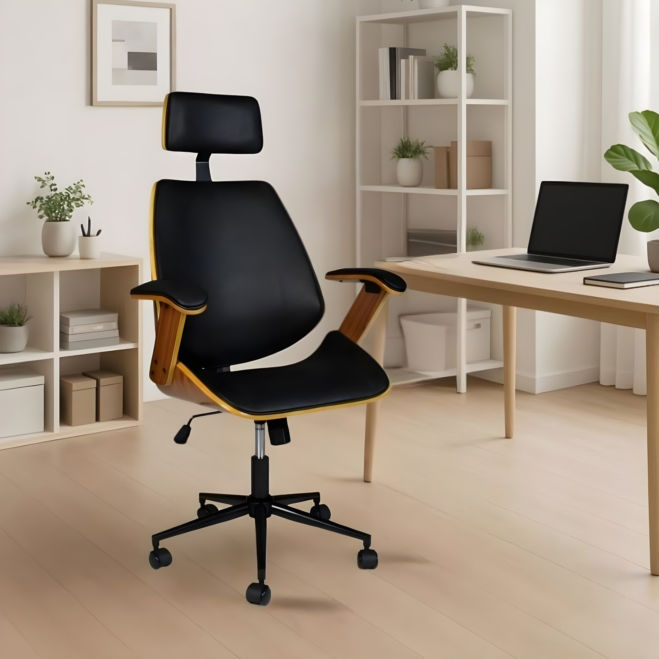 Sedia da ufficio girevole "James" in pelle nera con struttura e braccioli effetto legno cm 66x50 118h