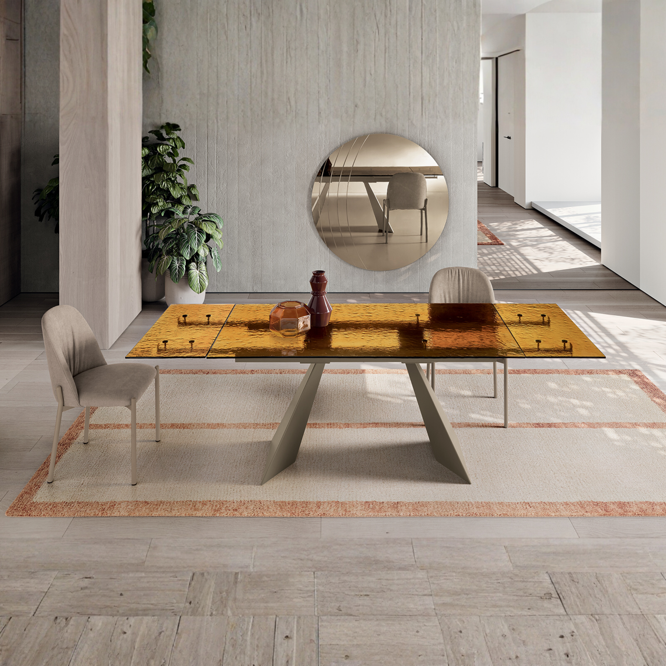 Tavolo rettangolare "Walter" allungabile con piano in vetro martellato trasparente cm 160/240x90 75h