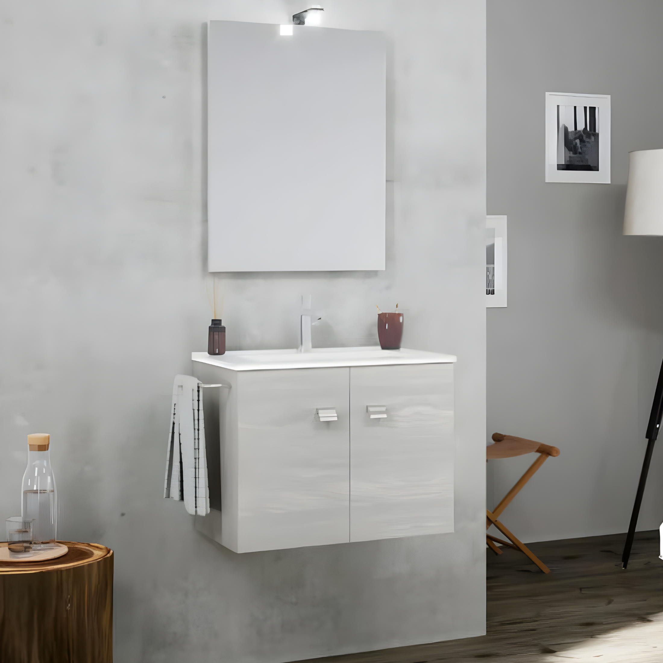 Mobile bagno sospeso "Moa60" con lavabo integrato rettangolare ante con maniglie cromate e specchio LED