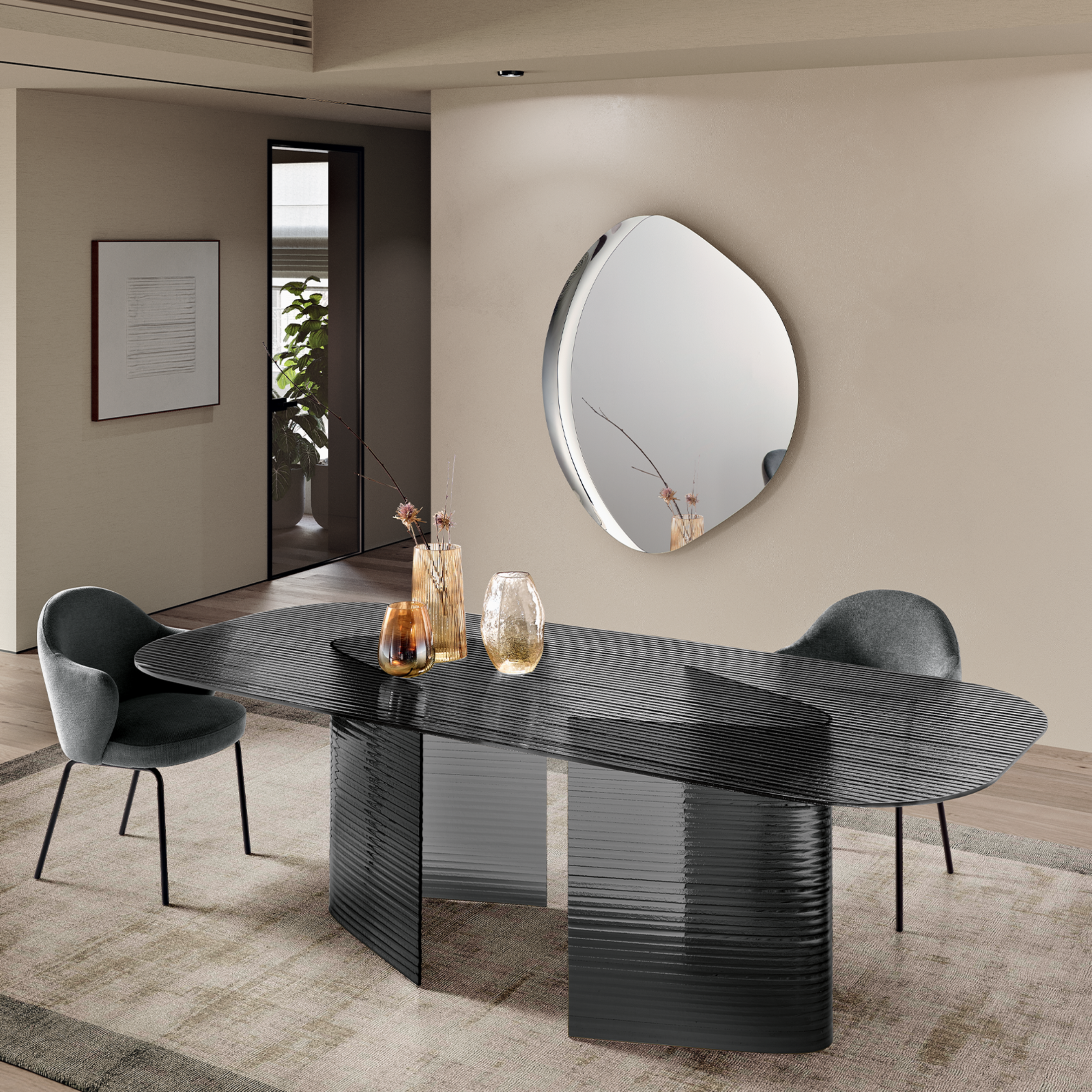 Tavolo rettangolare fisso "Lovely"  rigato trasparente con gambe in vetro cm 240x120 77h